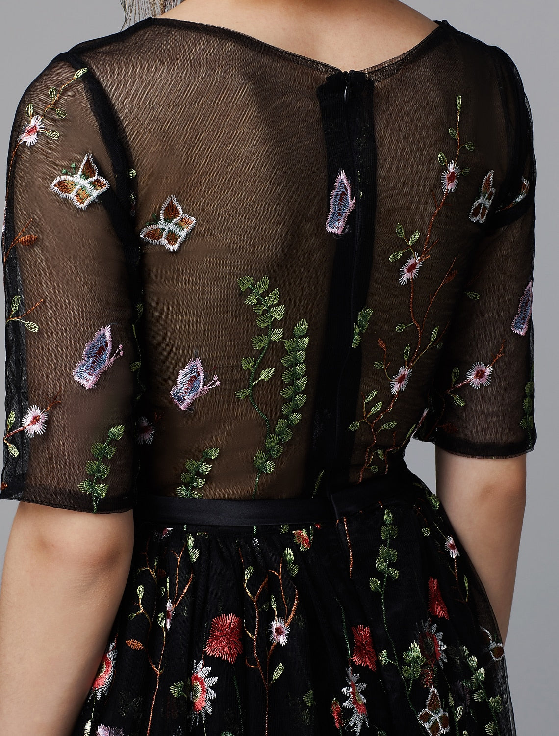 wholesale  A-Line Floral Dress Holiday Wedding Guest Tea Length Half Sleeve Illusion Neck Lace with Embroidery Appliques