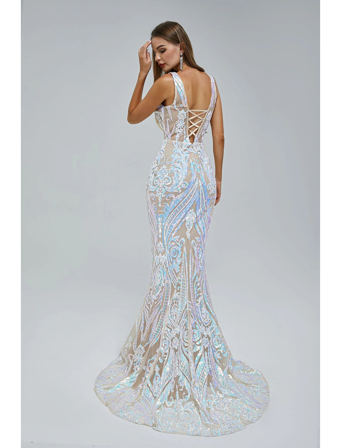 Wholesa Mermaid / Trumpet Evening Gown Sparkle & Shine Dress Engagement Formal Evening Court Train Sleeveless V Neck Sequined with Sequin