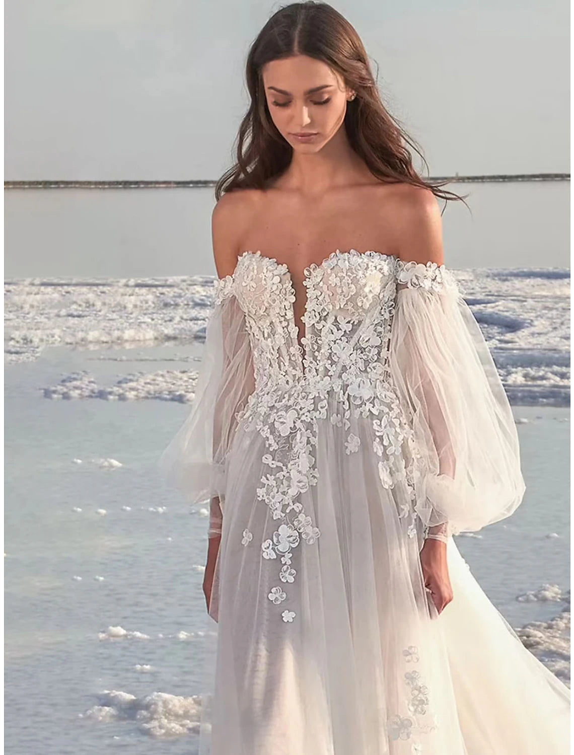 wholesale  Beach Formal Wedding Dresses A-Line Off Shoulder Long Sleeve Court Train Lace Bridal Gowns With Appliques Summer Fall Wedding Party