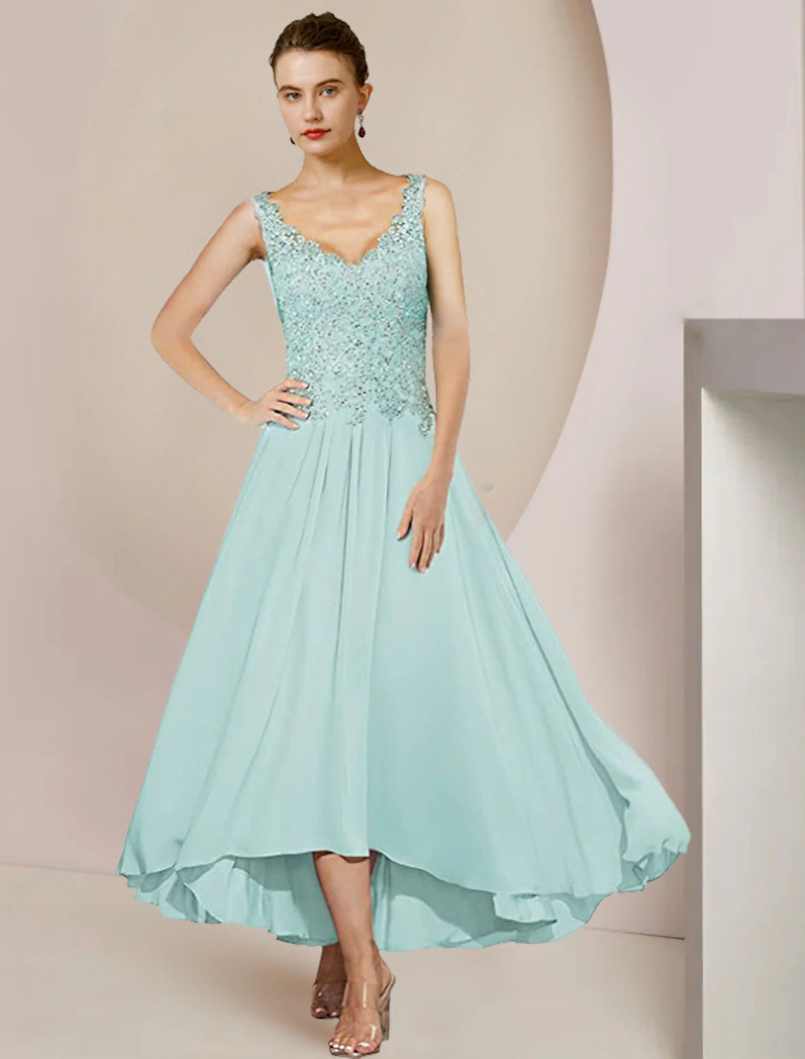 wholesale  Two Piece A-Line Mother of the Bride Dress Formal Wedding Guest Elegant High Low V Neck Asymmetrical Tea Length Chiffon Lace 3/4 Length Sleeve Wrap Included with Sequin Appliques