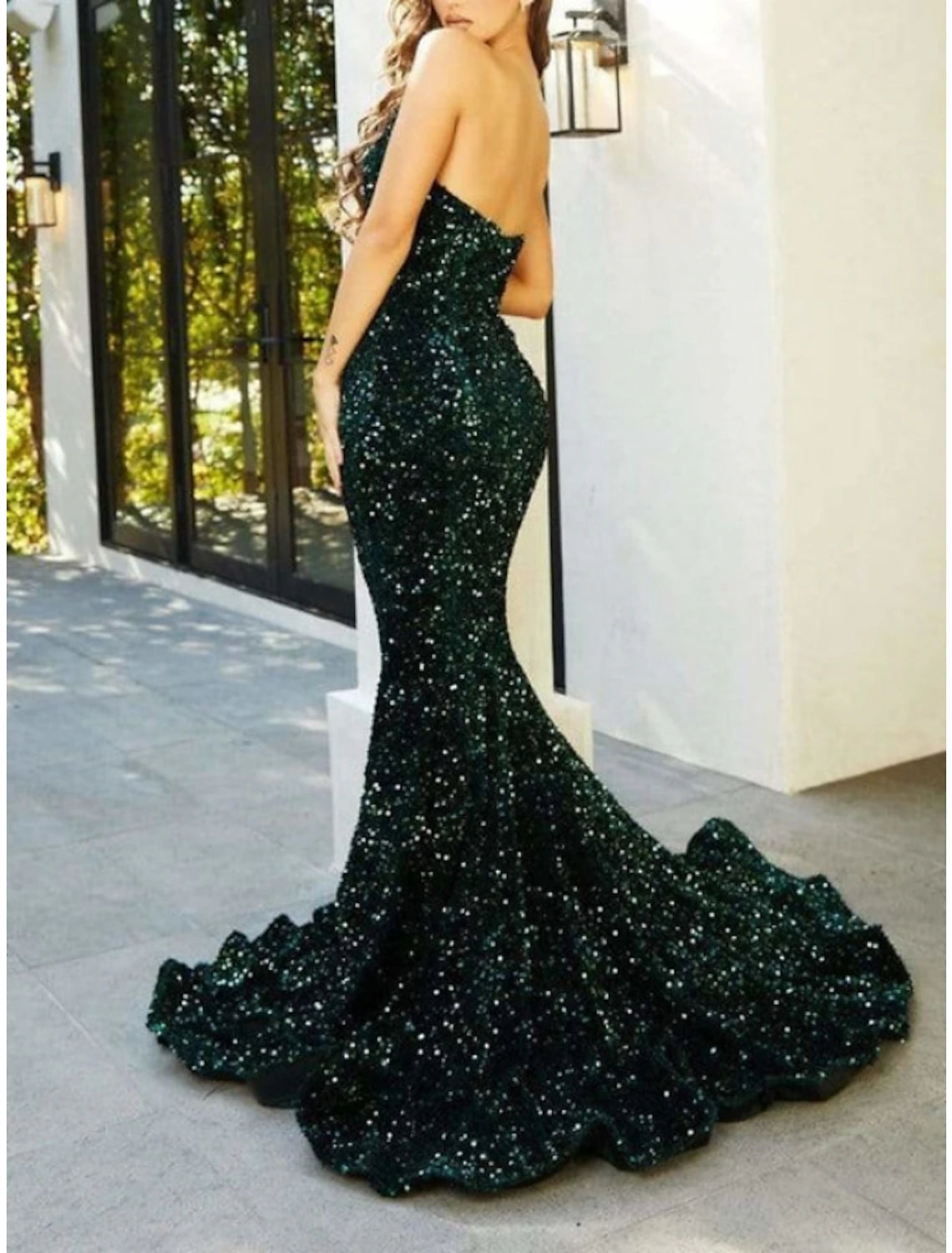 Wholesa Mermaid / Trumpet Evening Gown Celebrity Style Dress Formal Wedding Guest Sweep / Brush Train Sleeveless Sweetheart Sequined with Pleats