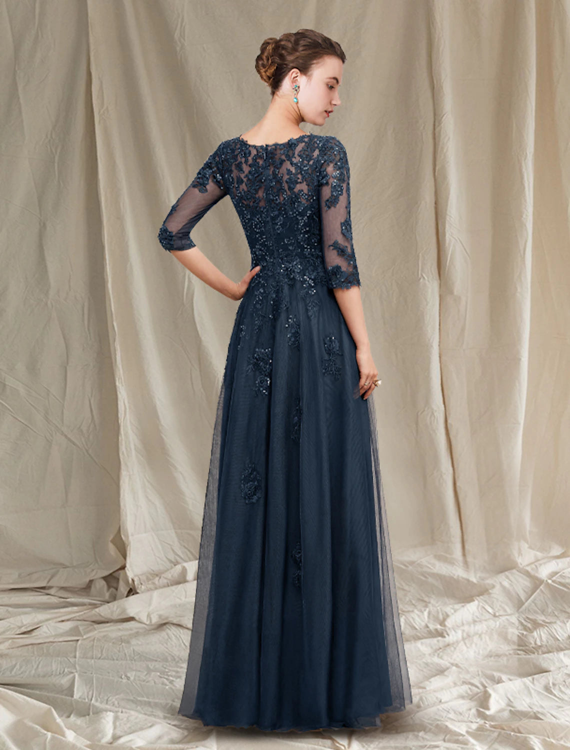 wholesale  A-Line Mother of the Bride Dress Luxurious Elegant V Neck Floor Length Chiffon Lace Tulle Half Sleeve with Sequin Appliques