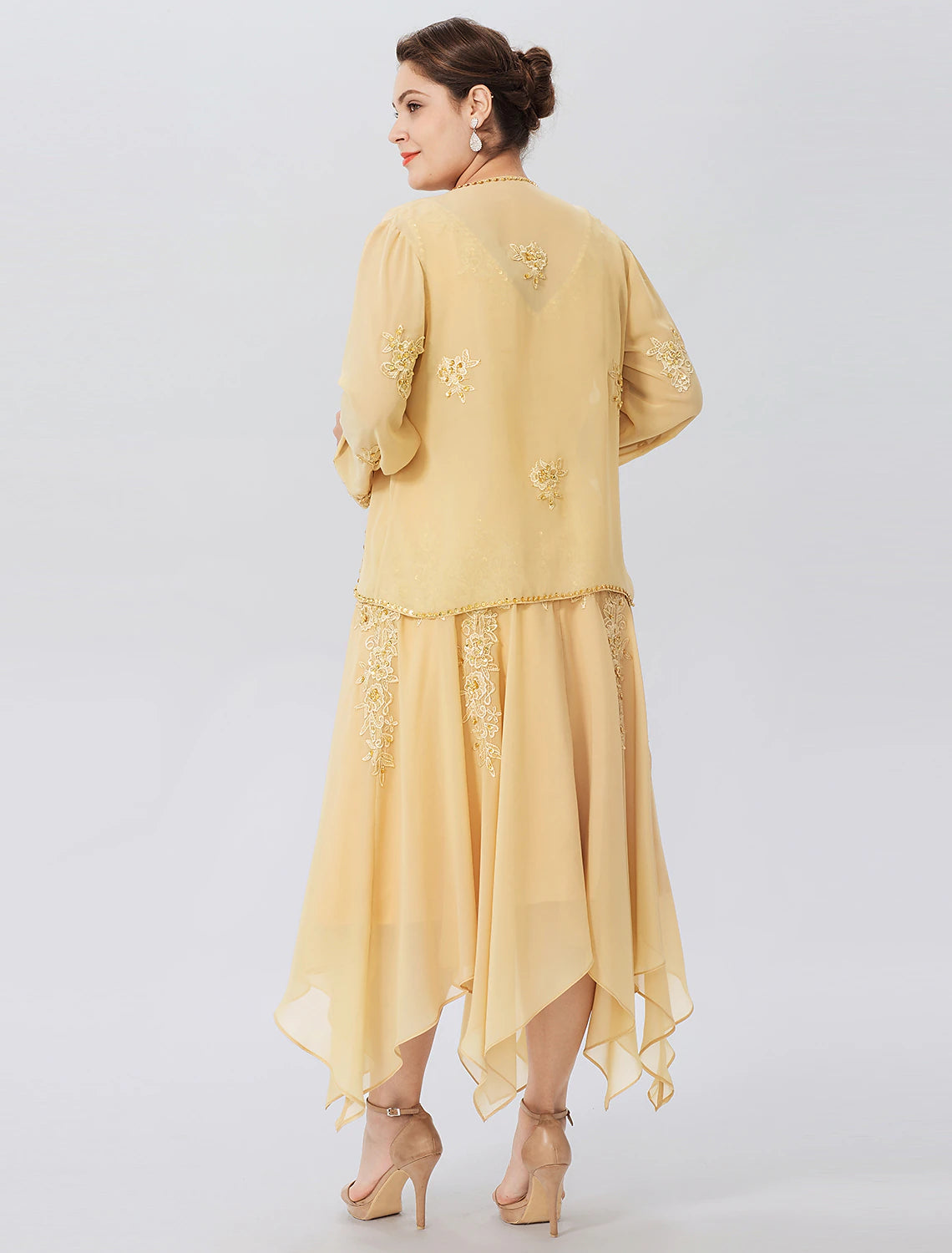 wholesale  A-Line Mother of the Bride Dress Formal Plus Size Elegant High Low V Neck Asymmetrical Chiffon Beaded Lace Long Sleeve Wrap Included with Beading Appliques