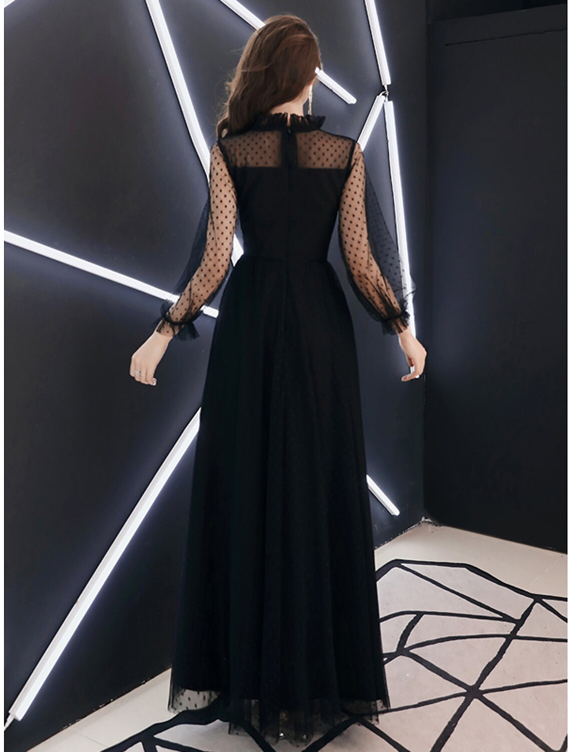 Wholesa A-Line Black Dress Elegant Party Wear Prom Dress High Neck Long Sleeve Floor Length Lace with Ruffles
