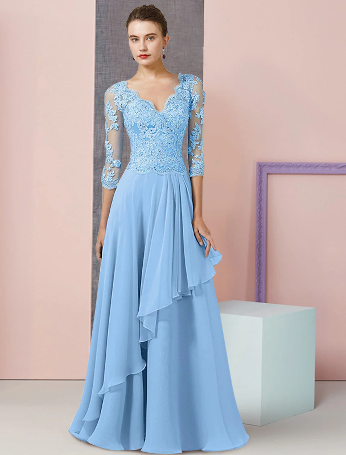 wholesale   Two Piece A-Line Mother of the Bride Dress Formal Wedding Guest Party Elegant V Neck Floor Length Chiffon Lace Half Sleeve Wrap Included with Beading Sequin Appliques
