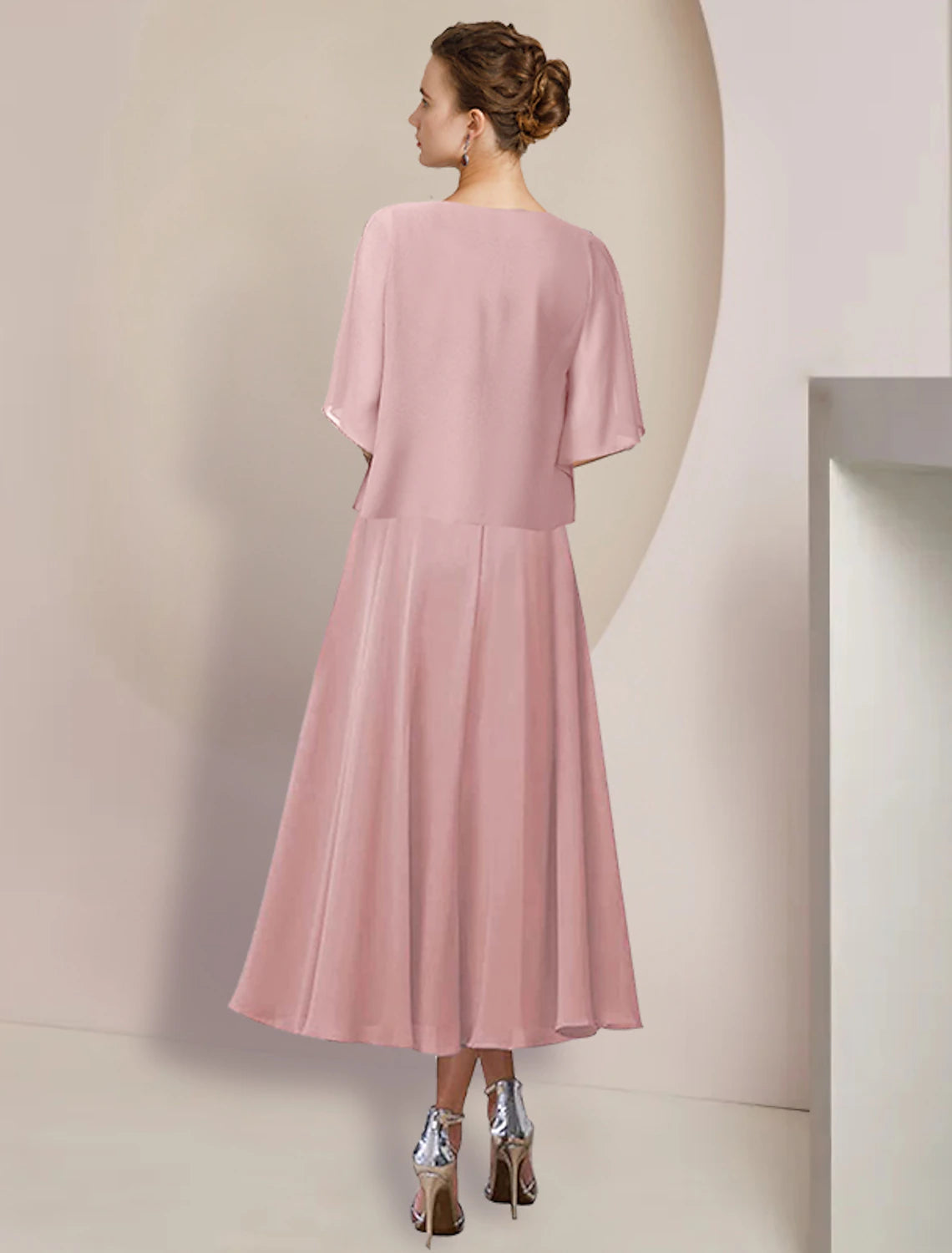 wholesale  Two Piece A-Line Mother of the Bride Dress Formal Wedding Guest Elegant V Neck Tea Length Chiffon Lace 3/4 Length Sleeve Wrap Included with Appliques