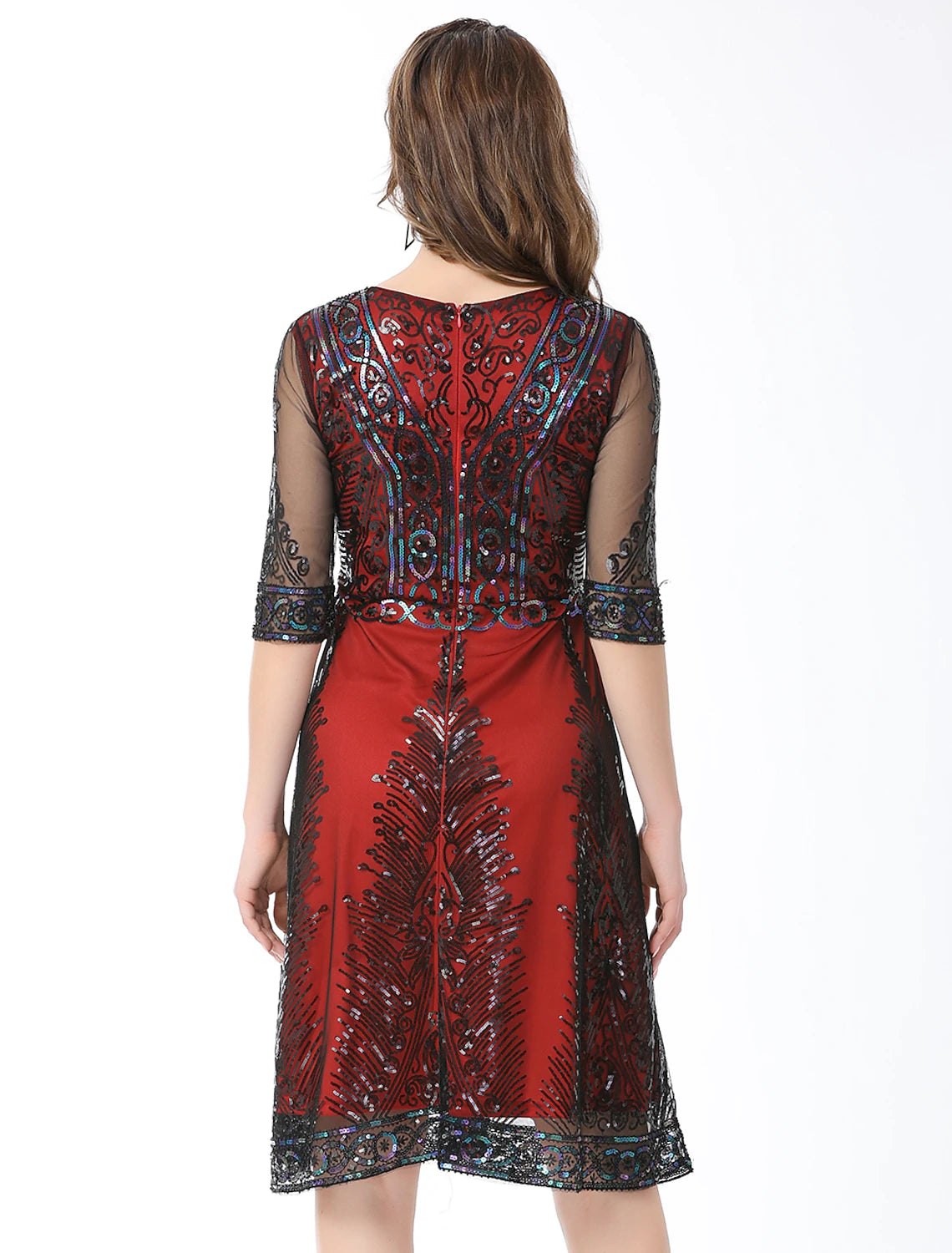 wholesa A-Line Elegant Vintage Holiday Party Wear Dress Jewel Neck Half Sleeve Knee Length Cotton Blend with Sequin Splicing