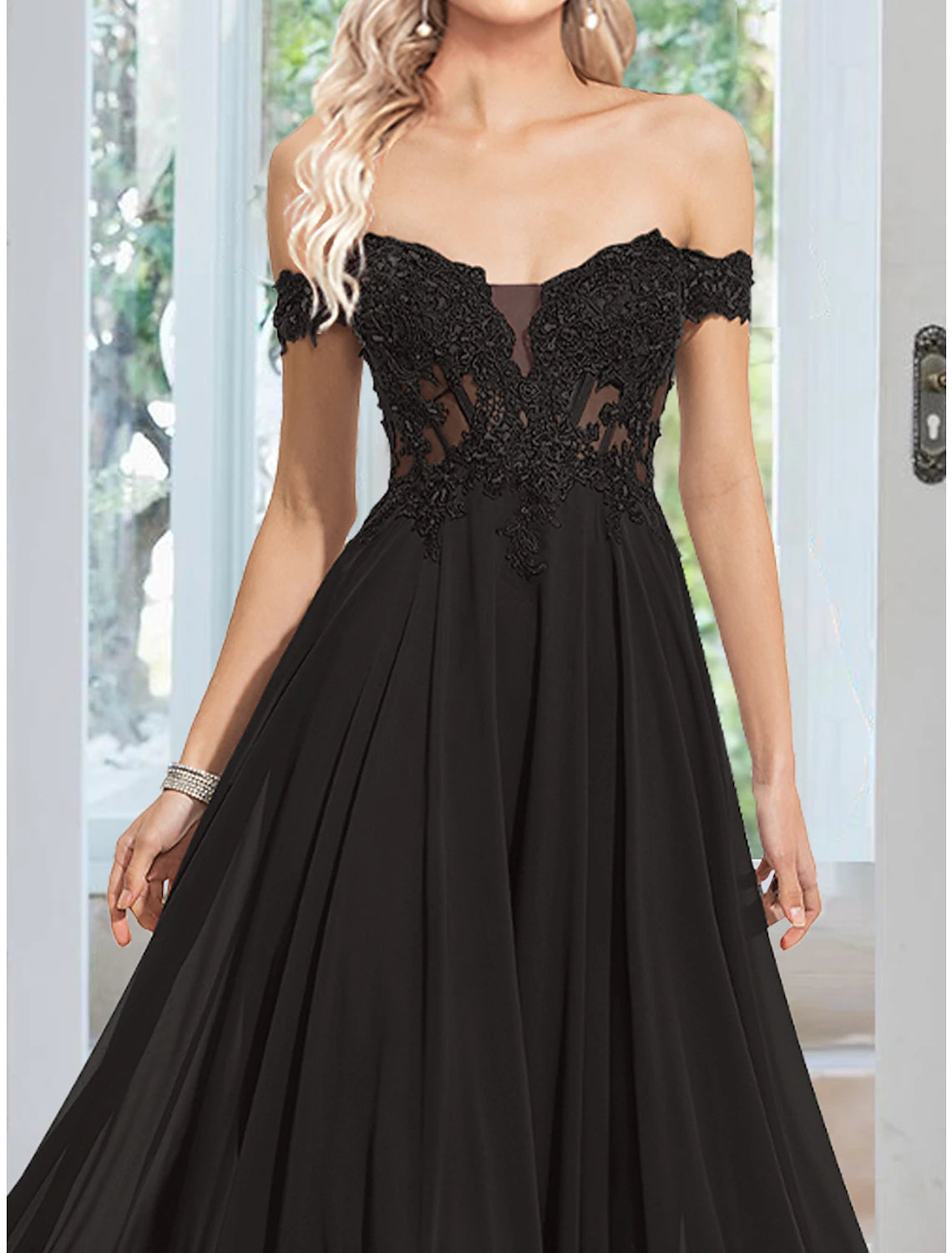 Wholesa A-Line Evening Gown Floral Dress Prom Semi Formal Floor Length Sleeveless Off Shoulder Chiffon with Appliques