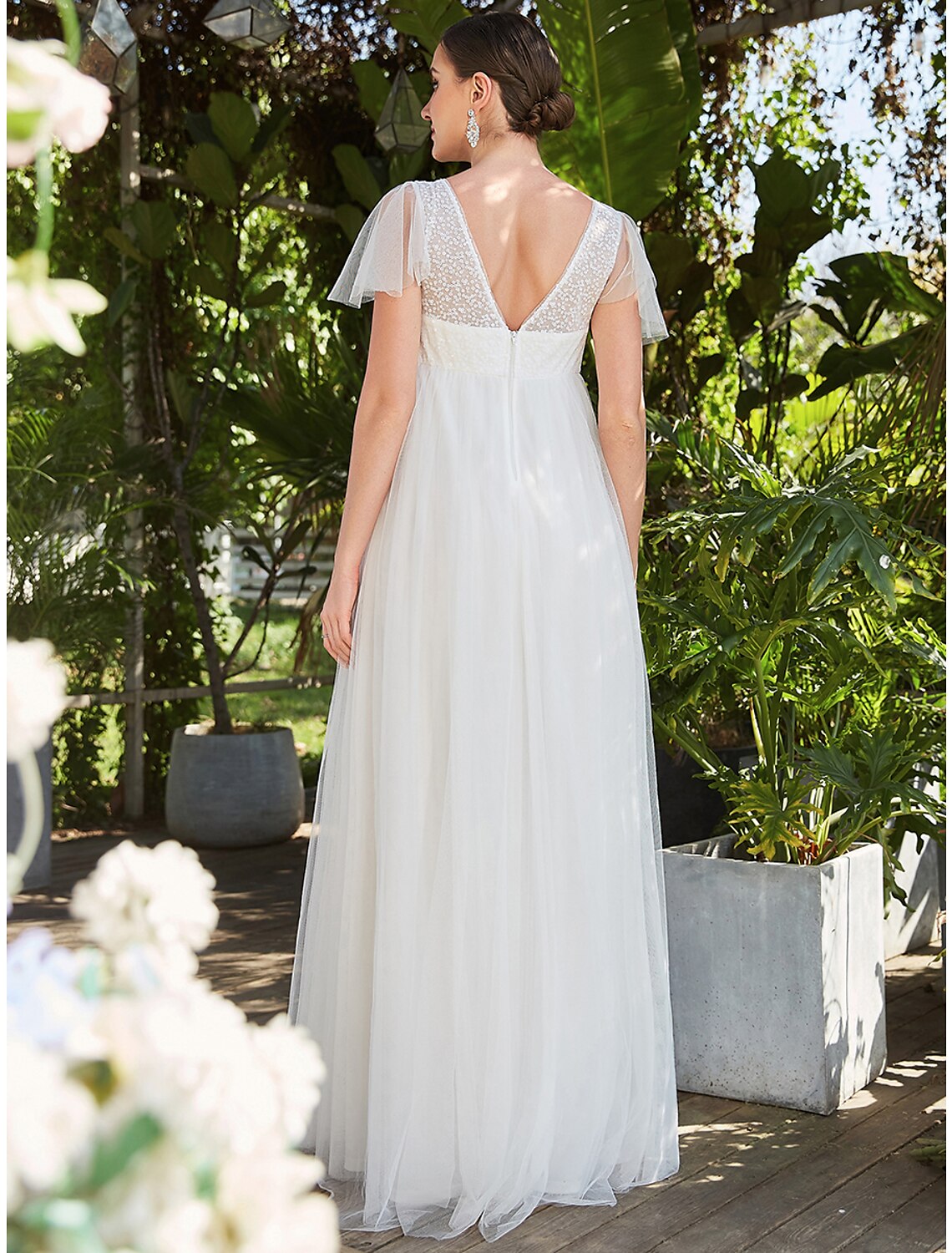 Wholesa A-Line Evening Gown Maternity Dress Formal Evening Floor Length Short Sleeve V Neck Bridesmaid Dress Tulle V Back with Pure Color Tiered