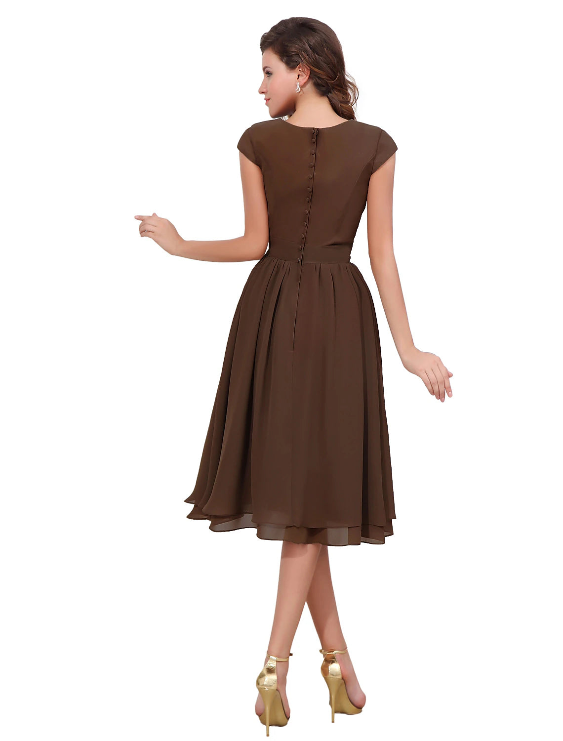 wholesale  A-Line Mother of the Bride Dress Sweet Jewel Neck Knee Length Chiffon Short Sleeve with Buttons