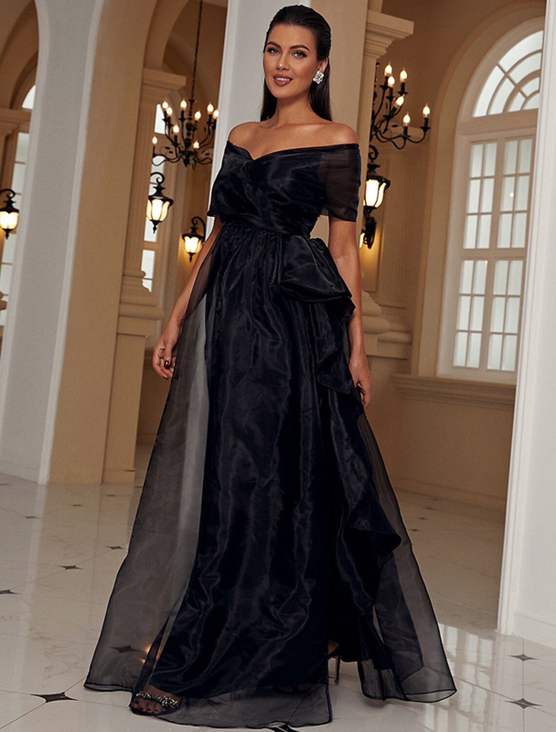 Wholesa  A-Line Evening Gown Sexy Dress Formal Wedding Guest Floor Length Short Sleeve Off Shoulder Wednesday Addams Family Polyester with Ruffles Slit