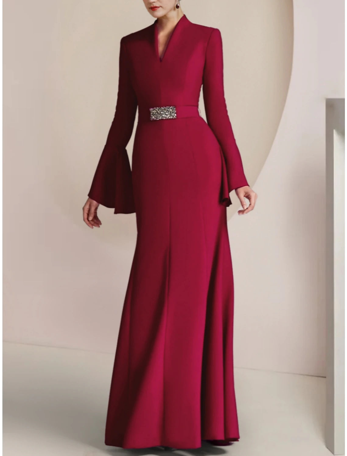 Wholesa A-Line Mother of the Bride Dress Wedding Guest Elegant Party V Neck Floor Length Stretch Chiffon Long Sleeve with Pleats Crystal Brooch