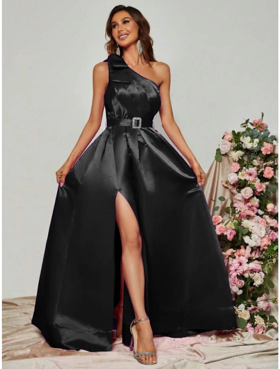 Wholesa A-Line Evening Gown Black Dress Party Dress Formal Fall Floor Length Sleeveless One Shoulder Satin with Pleats Slit Strappy