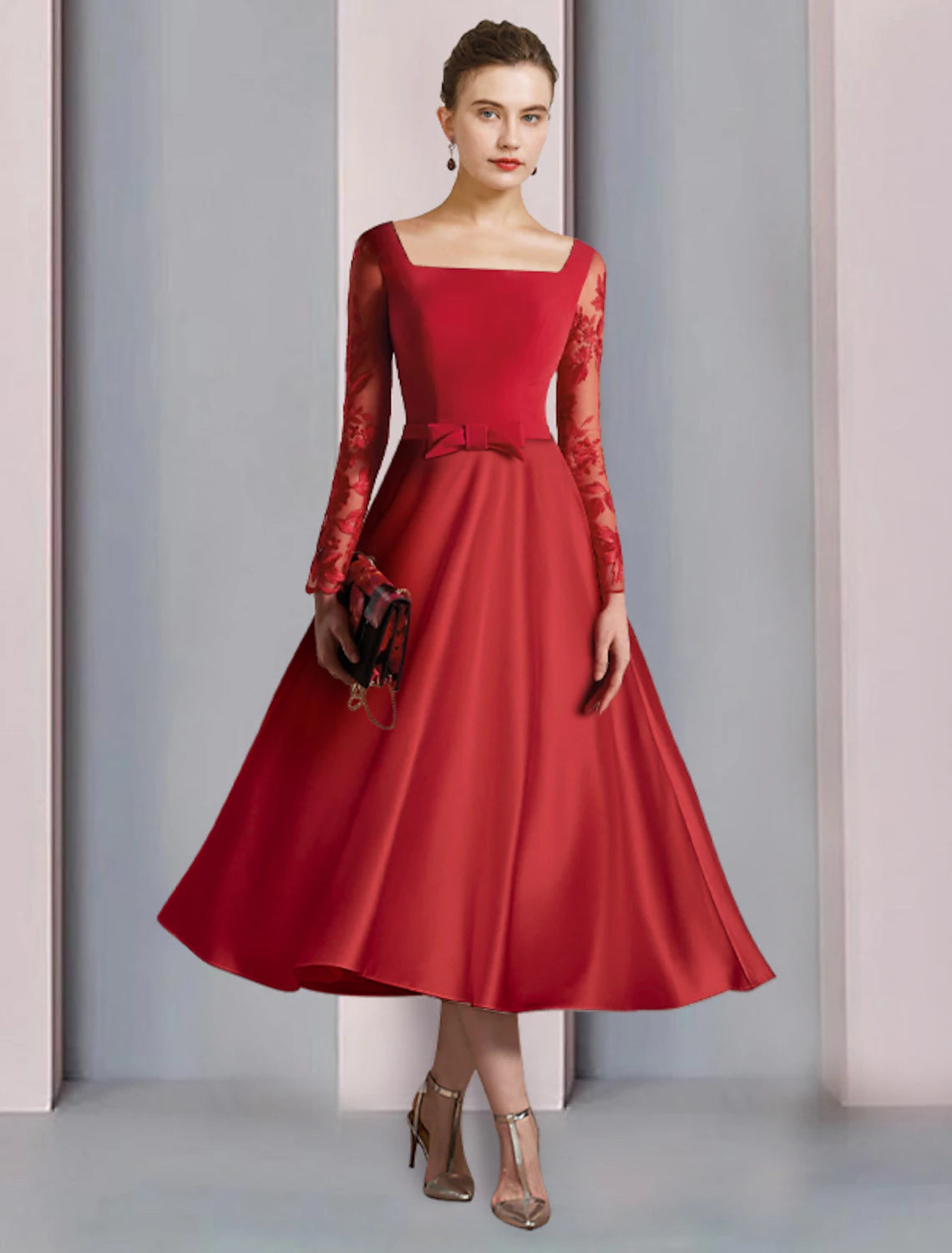 wholesale  A-Line Mother of the Bride Dress Formal Wedding Guest Vintage Elegant Square Neck Tea Length Satin Lace Stretch Fabric Long Sleeve with Bow(s) Appliques