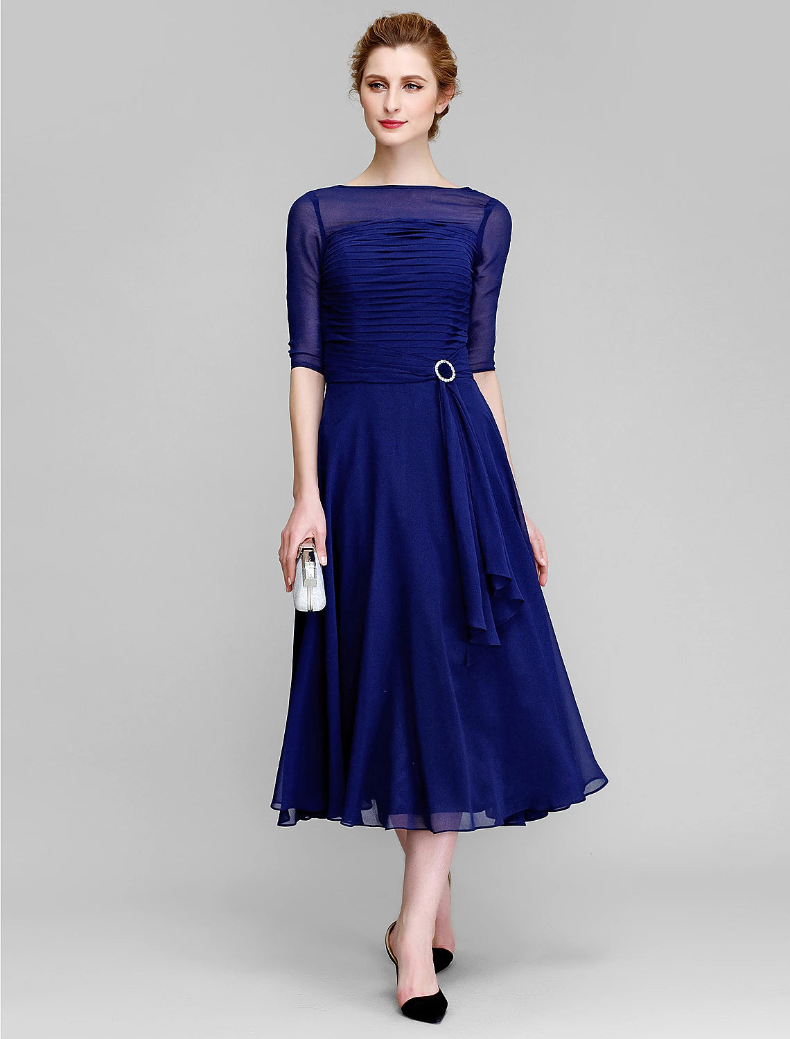 wholesale  A-Line Mother of the Bride Dress Fall Wedding Guest Dresses Plus Size Elegant Bateau Neck Tea Length Chiffon Half Sleeve with Ruched