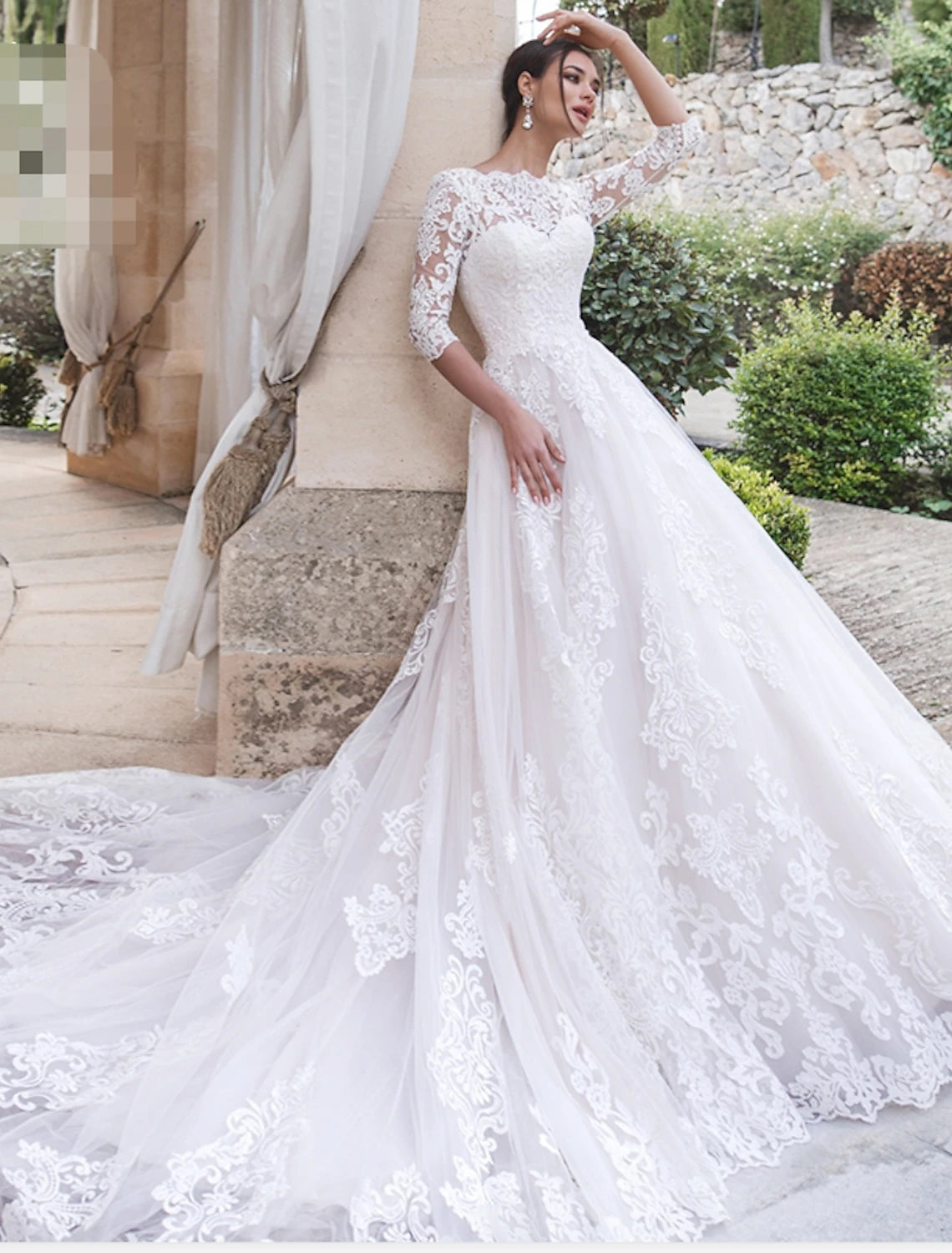 wholesale  Engagement Formal Fall Wedding Dresses Ball Gown Illusion Neck 3/4 Length Sleeve Court Train Lace Bridal Gowns With Appliques