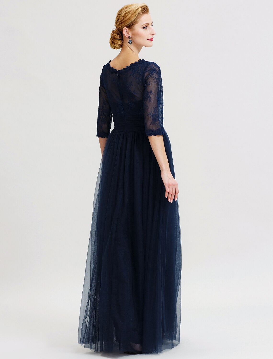 wholesale  Ball Gown A-Line Mother of the Bride Dress Beautiful Back See Through V Neck Floor Length Tulle Sheer Lace 3/4 Length Sleeve with Sash / Ribbon Pleats