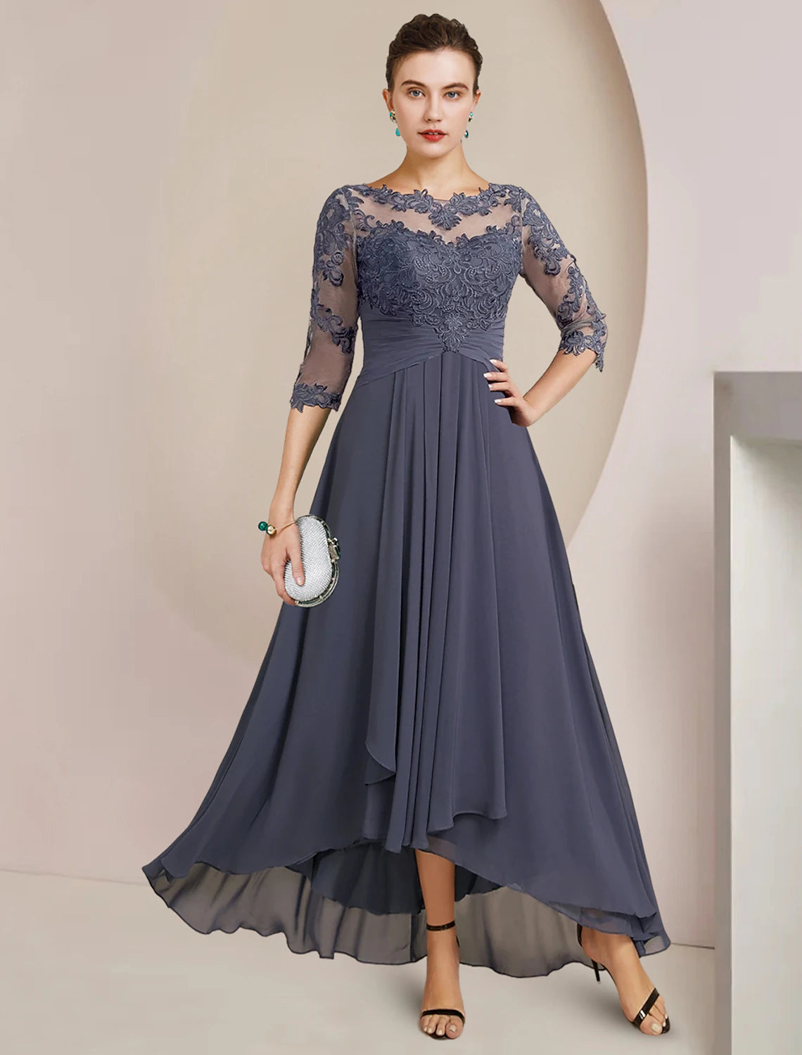 wholesale  A-Line Mother of the Bride Dress Wedding Guest Elegant High Low Scoop Neck Asymmetrical Tea Length Chiffon Lace 3/4 Length Sleeve with Pleats Appliques