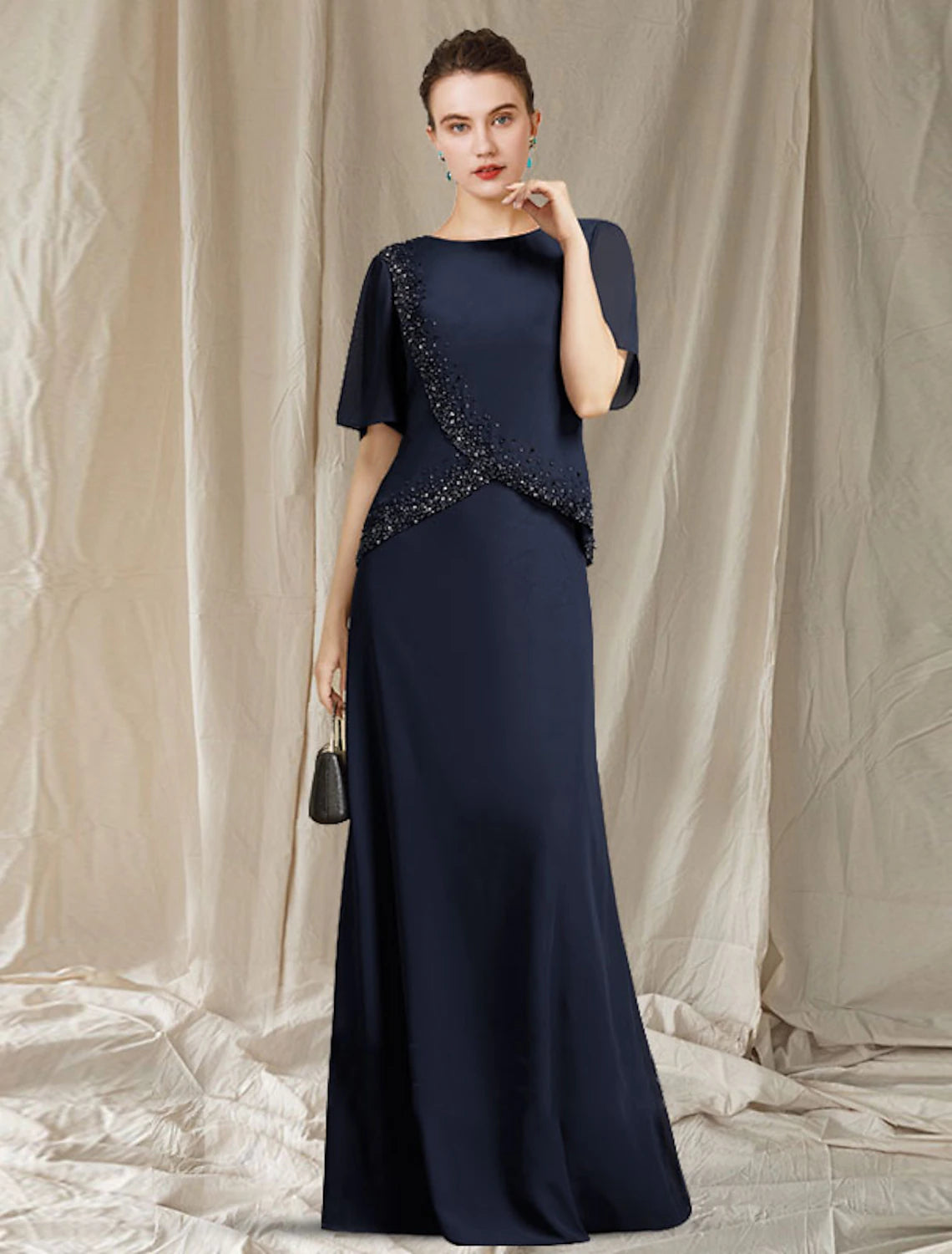 wholesale  A-Line Mother of the Bride Dress Elegant Jewel Neck Floor Length Chiffon Short Sleeve with Crystals