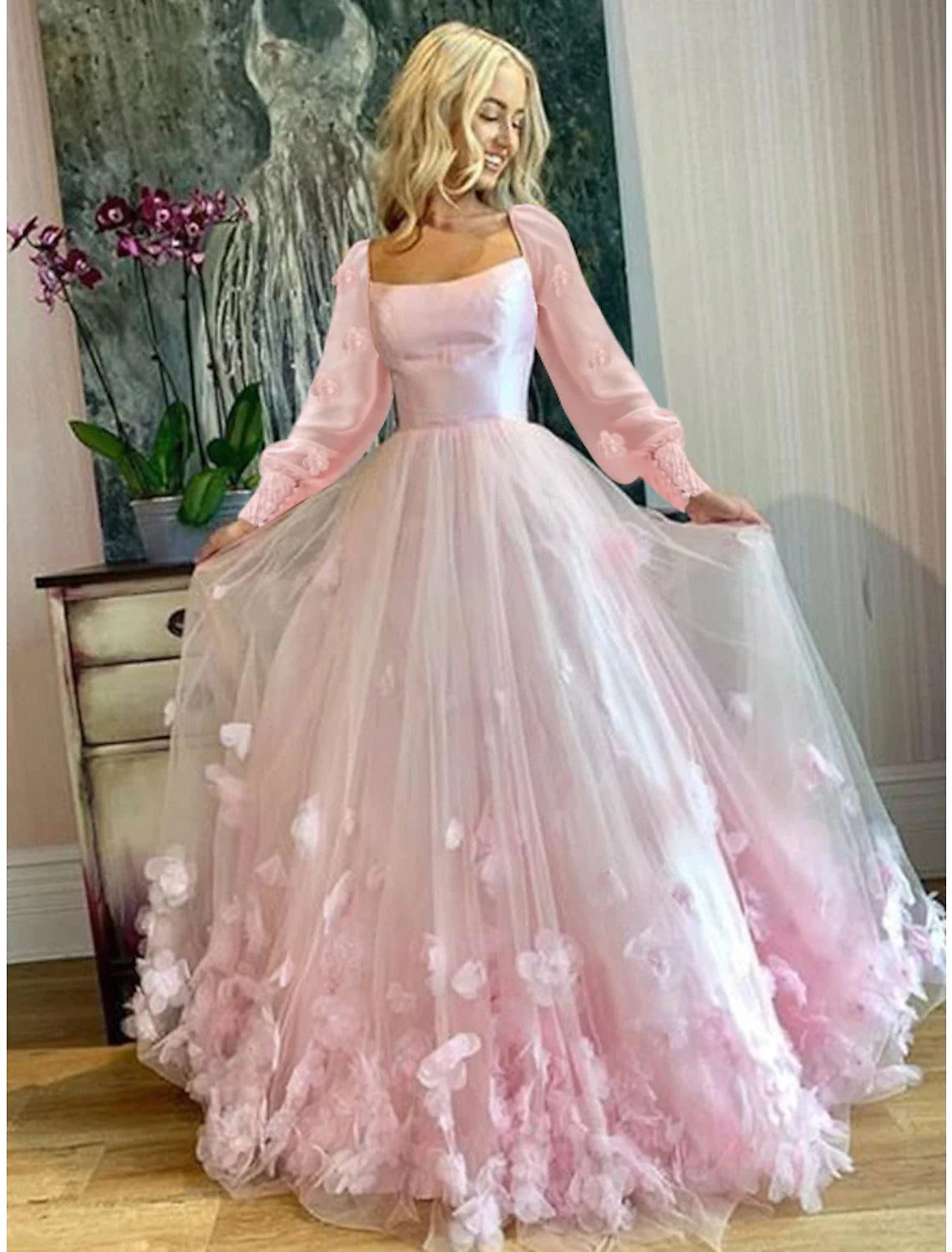 Wholesa A-Line Prom Dresses Maxi Dress Sweet 16 Birthday Floor Length Long Sleeve Scoop Neck Tulle with Appliques Butterfly