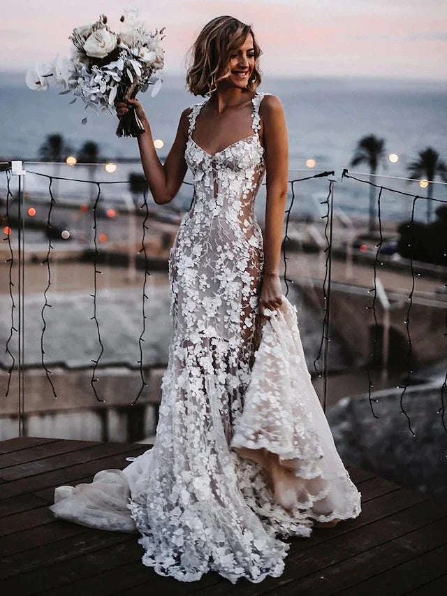 Wholesa Beach Sexy Boho Wedding Dresses Court Train Mermaid / Trumpet Sleeveless V Neck Lace With Appliques