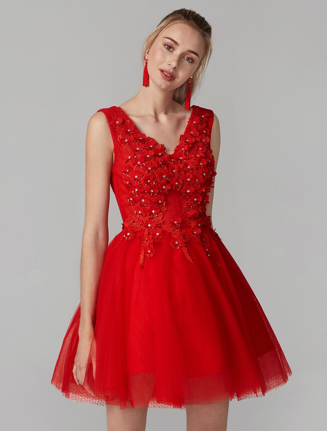 Wholesa A-Line Party Dress Homecoming Graduation Short / Mini Sleeveless V Neck Lace Over Tulle with Crystals Appliques