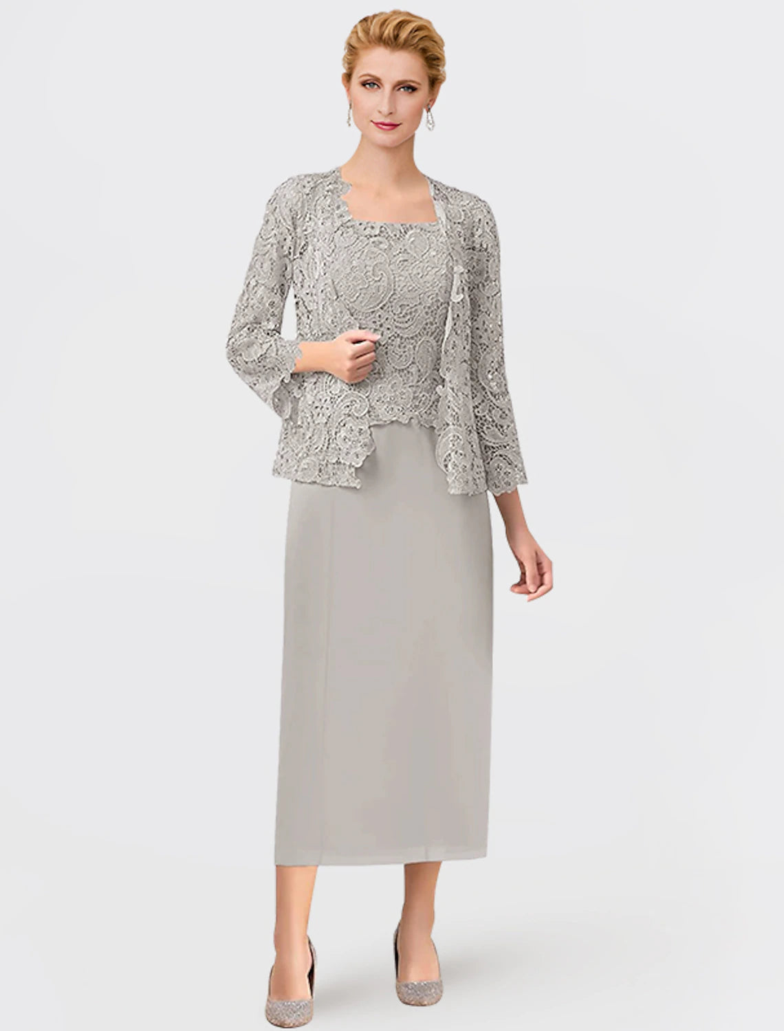 wholesale  Two Piece Mother of the Bride Dress Formal Wedding Guest Elegant Square Neck Ankle Length Chiffon Lace Sleeveless Wrap Included with Appliques