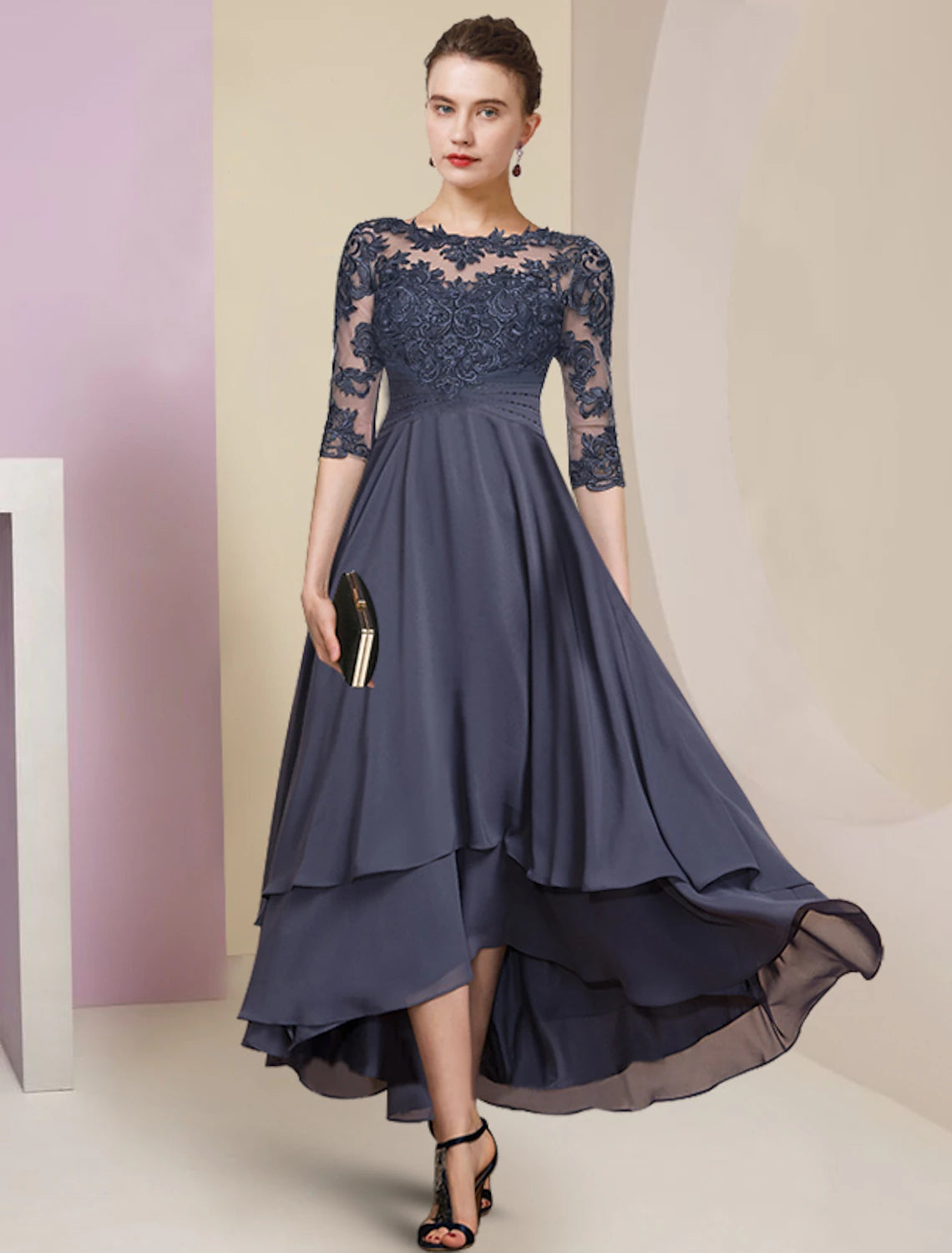 wholesale  Sheath / Column Mother of the Bride Dress Wedding Guest Party Elegant High Low Jewel Neck Asymmetrical Chiffon Lace Half Sleeve with Pleats Solid Color