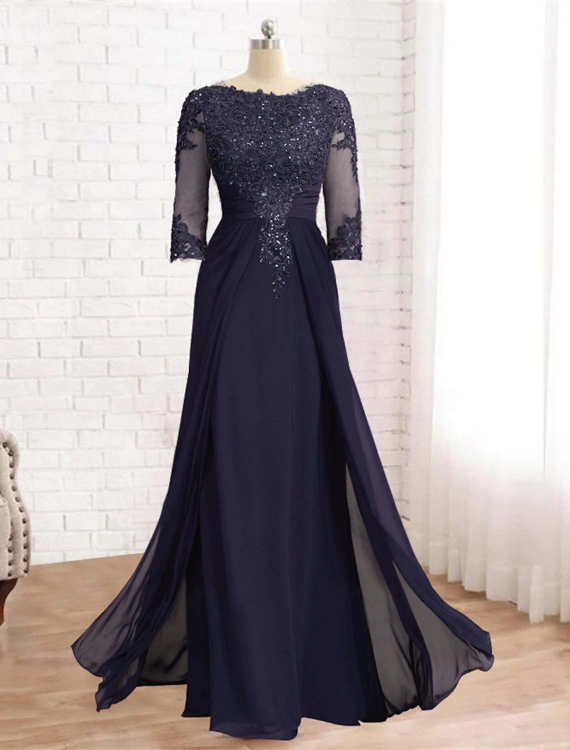 wholesale  Sheath / Column Mother of the Bride Dress Formal Fall Wedding Guest Elegant Sequin Scoop Neck Floor Length Chiffon Lace 3/4 Sleeve with Appliques Sparkle & Shine