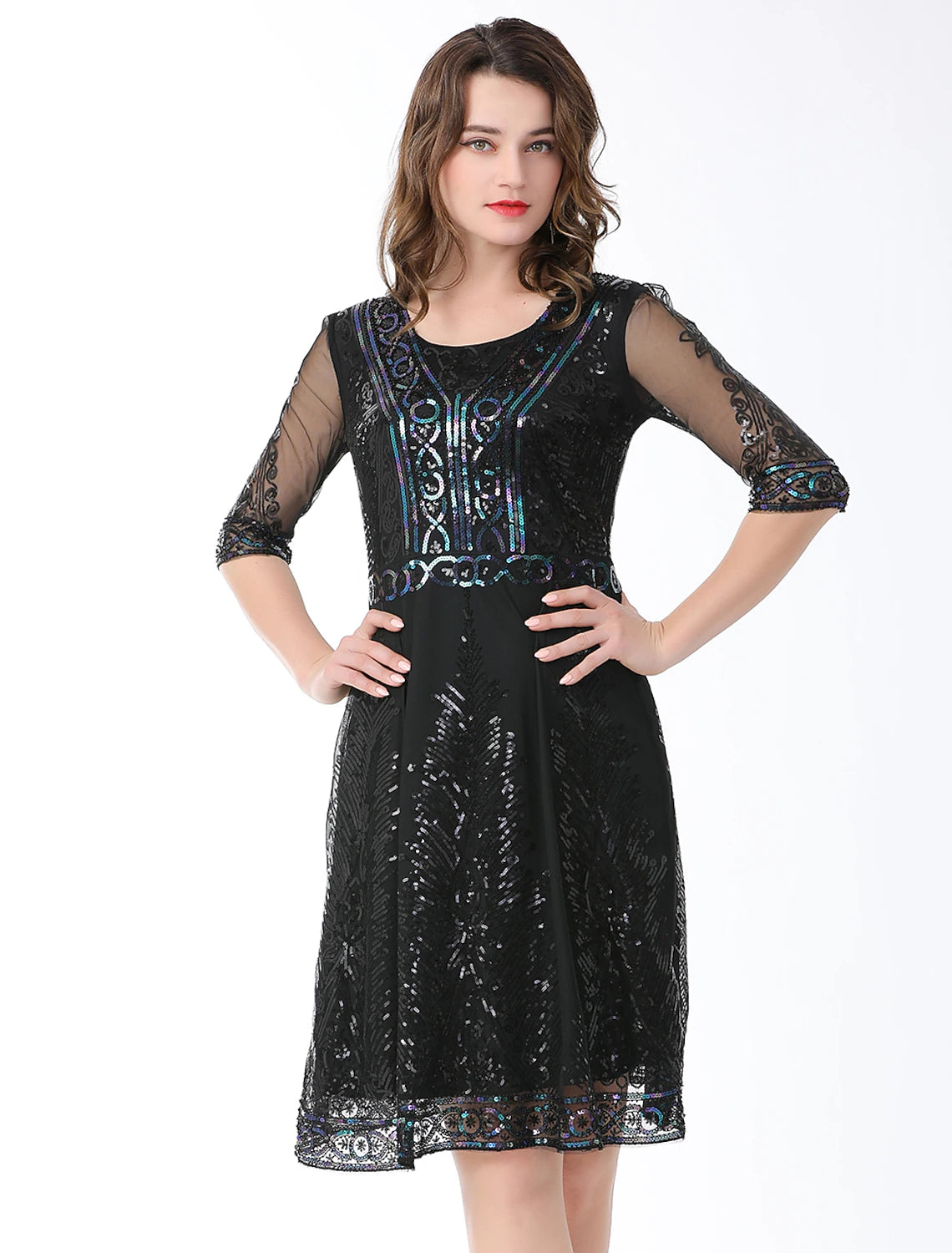 wholesa A-Line Elegant Vintage Holiday Party Wear Dress Jewel Neck Half Sleeve Knee Length Cotton Blend with Sequin Splicing