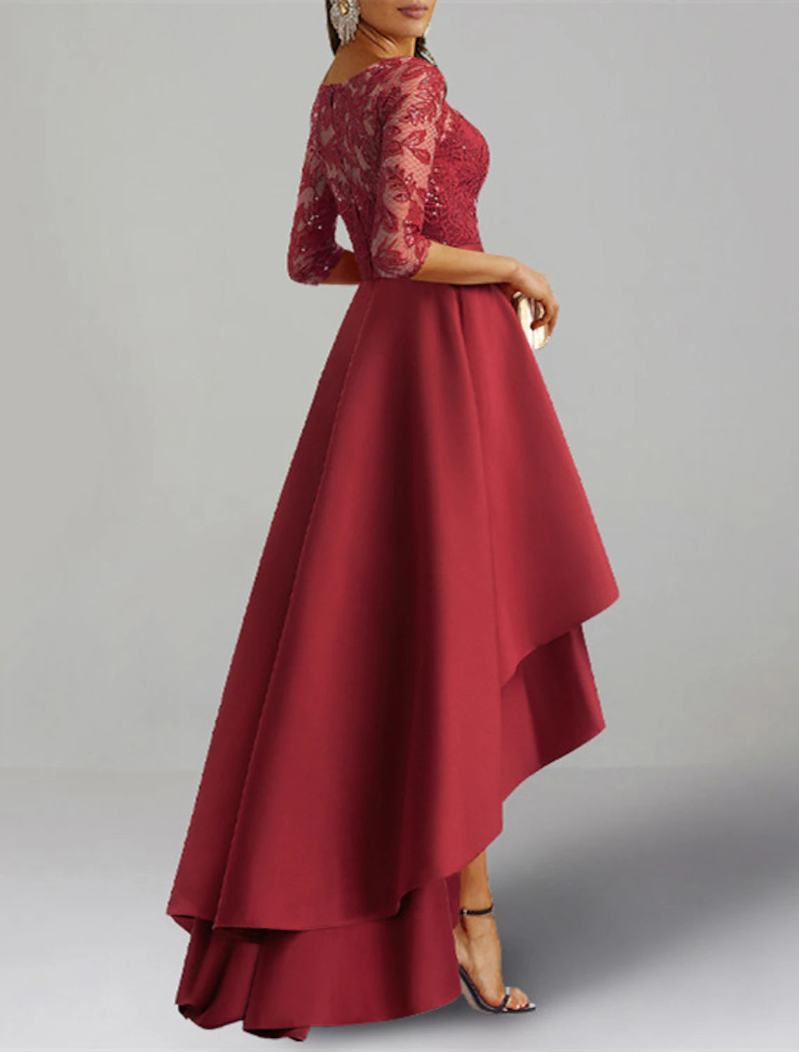 Wholesa A-Line Wedding Guest Dresses Elegant Dress Formal Wedding Guest Asymmetrical 3/4 Length Sleeve Jewel Neck Satin with Ruffles Appliques