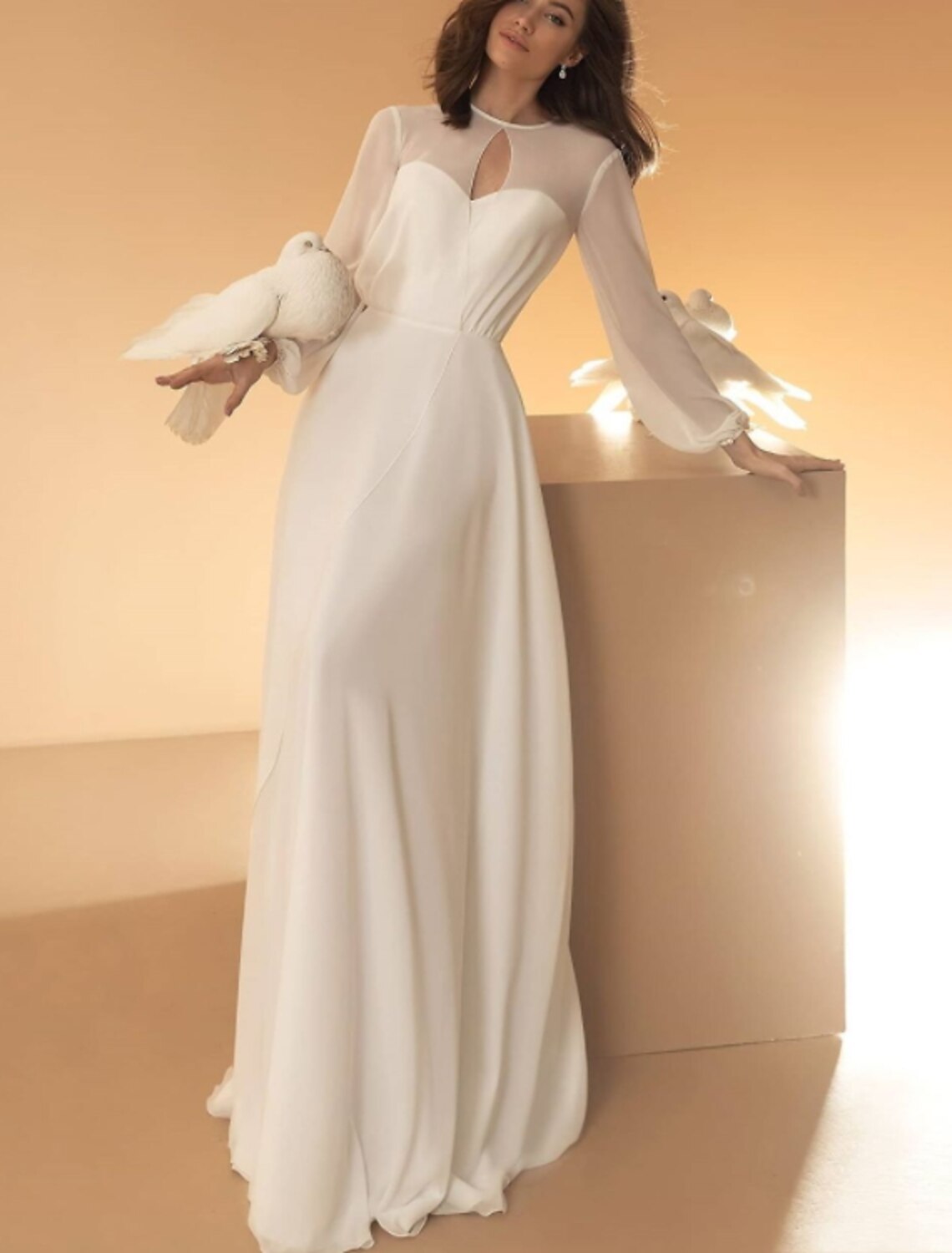 wholesale  Hall Casual Wedding Dresses A-Line Illusion Neck Long Sleeve Floor Length Chiffon Bridal Gowns