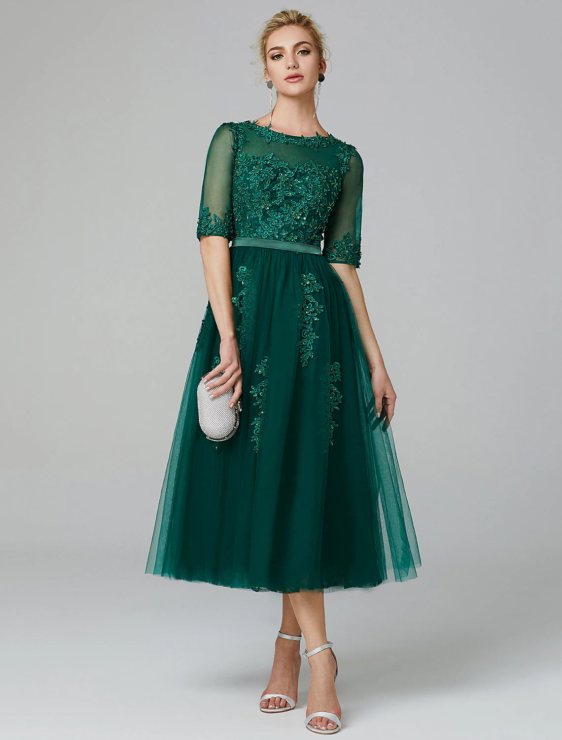Wholesa  A-Line Cocktail Dress Christmas Red Green Dress Formal Evening Kentucky Derby Tea Length Sleeveless Illusion Neck Fall Wedding Guest Lace Over Tulle with Sequin Applique