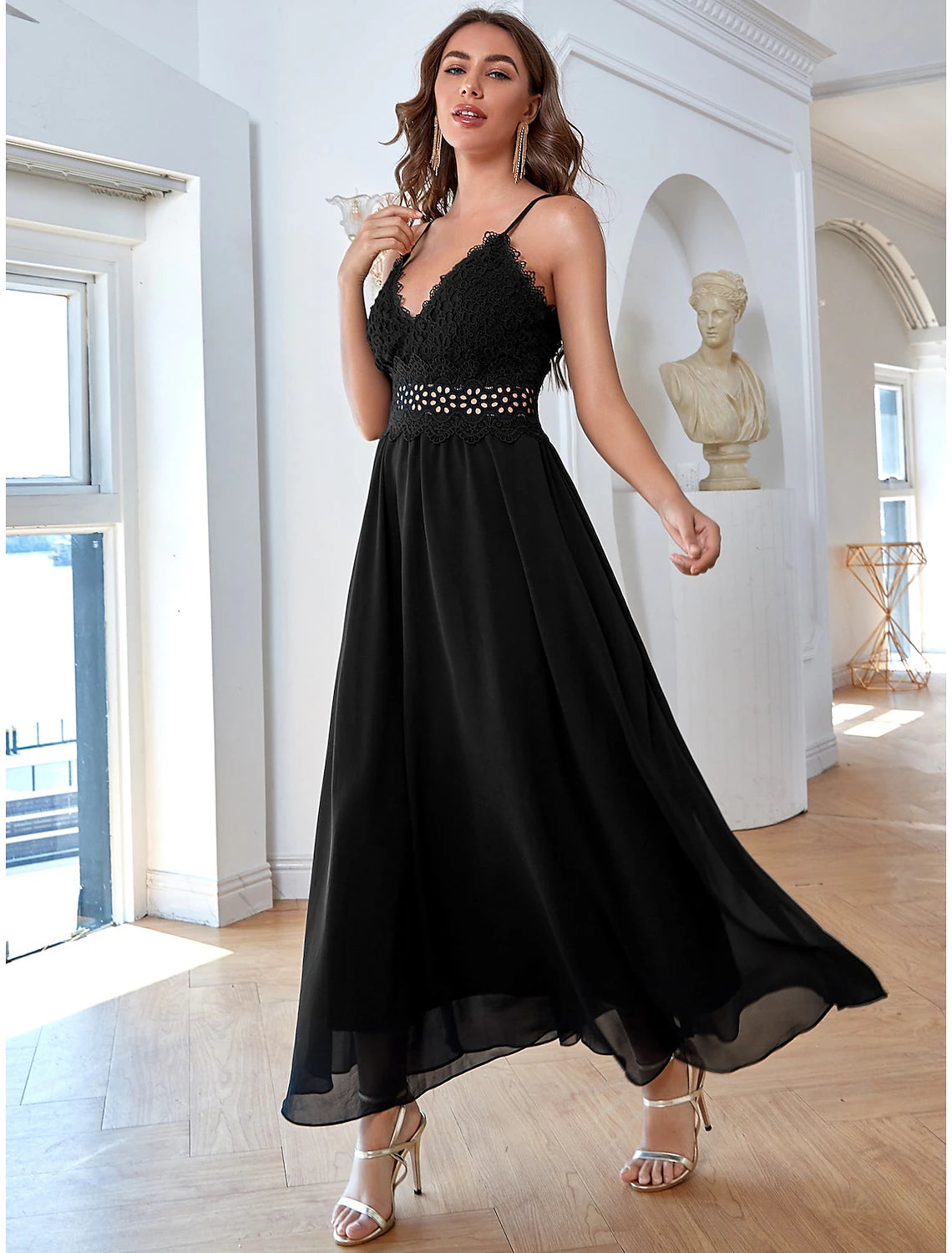 Wholesa A-Line Elegant Vintage Party Wear Formal Evening Dress V Neck Sleeveless Ankle Length Chiffon with Sequin Pure Color Splicing