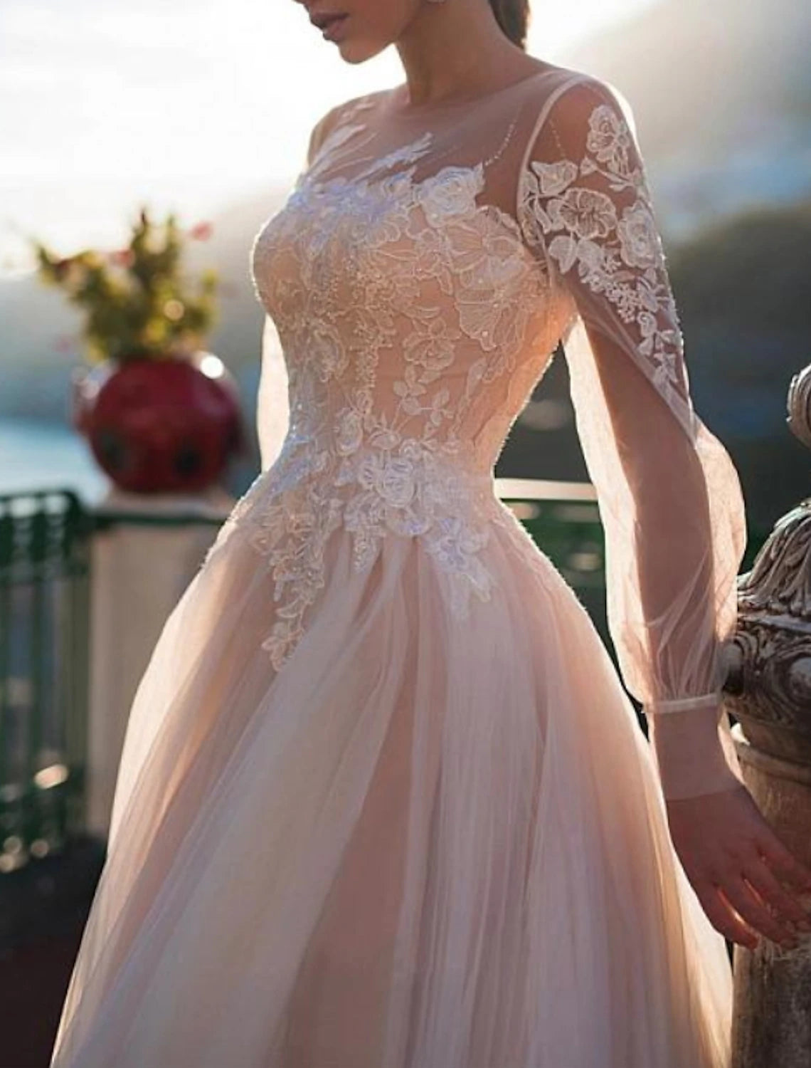 Wholesa Beach Wedding Dresses in Color Wedding Dresses A-Line Illusion Neck Long Sleeve Sweep / Brush Train Lace Bridal Gowns With Embroidery Appliques