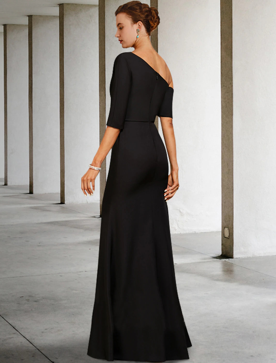 wholesale  A-Line Mother of the Bride Dress Fall Wedding Guest Vintage Elegant One Shoulder Floor Length Charmeuse 3/4 Length Sleeve with Ruffles Side-Draped