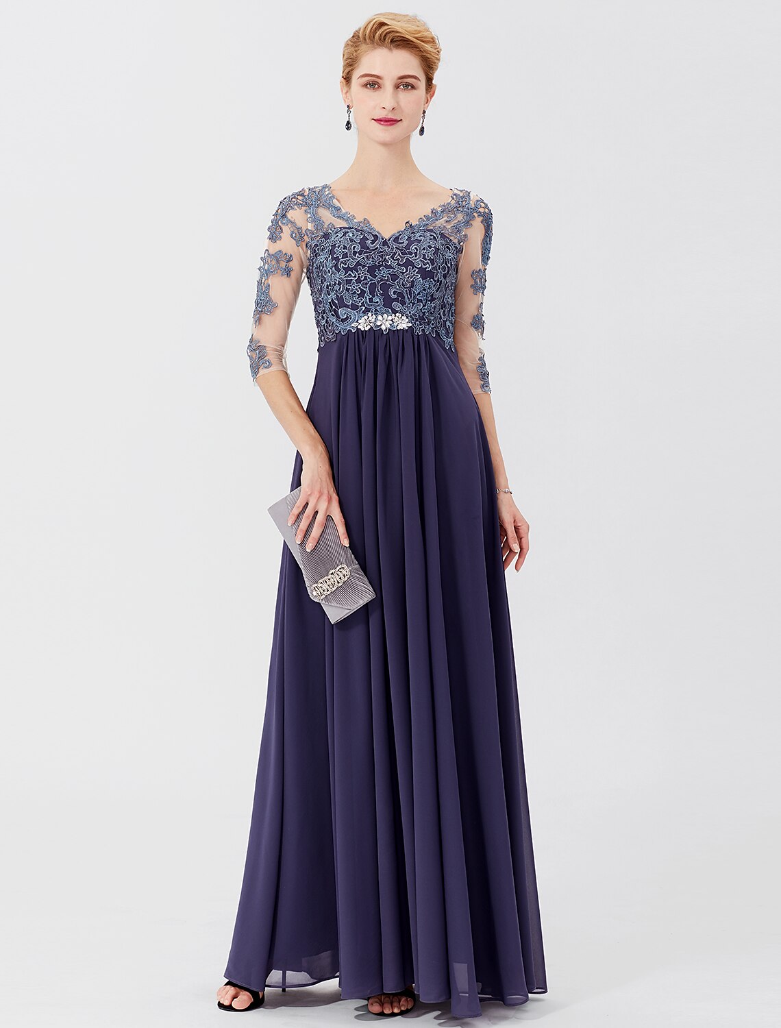wholesale  Ball Gown A-Line Mother of the Bride Dress Formal Plus Size Elegant V Neck Floor Length Chiffon Sheer Lace 3/4 Length Sleeve with Crystals Appliques