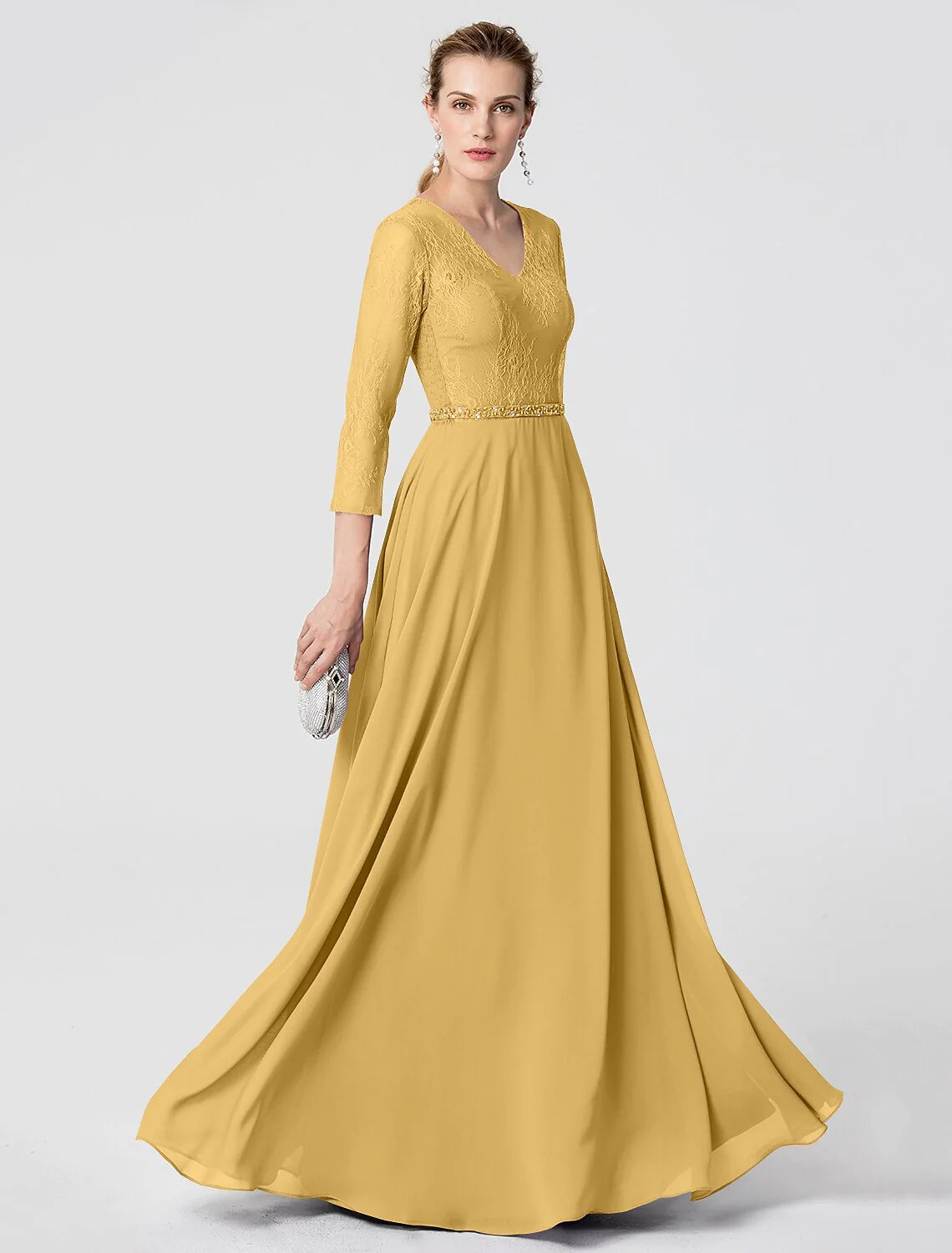 Wholesa A-Line Elegant Holiday Cocktail Party Formal Evening Dress V Neck 3/4 Length Sleeve Floor Length Chiffon Lace with Sash / Ribbon Beading / Illusion Sleeve