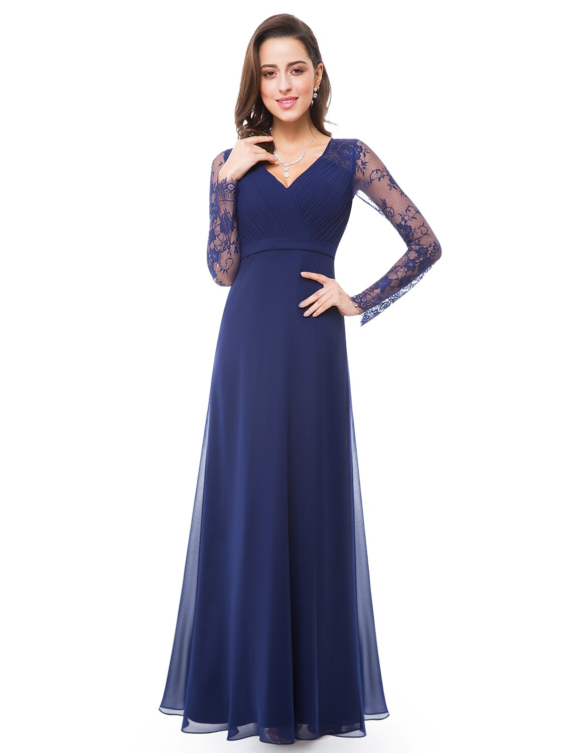 wholesaA-Line Evening Gown Elegant Dress Wedding Guest Formal Evening Floor Length Long Sleeve V Neck Chiffon with Sash / Ribbon Ruched Lace Insert