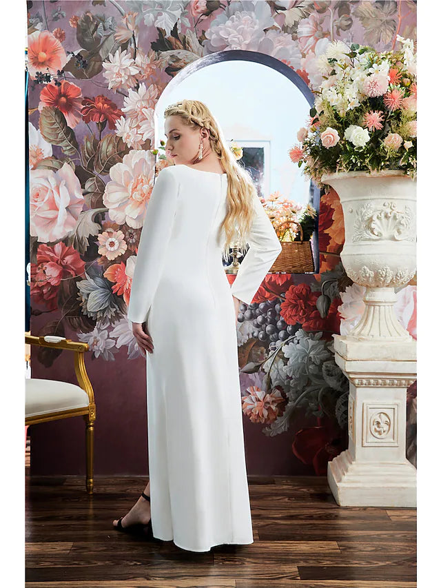 Wholesa A-Line Evening Gown Sparkle Dress Engagement Floor Length Long Sleeve Jewel Neck Stretch Fabric with Crystals Slit