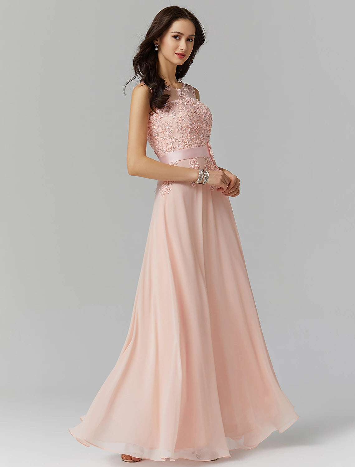 wholesa A-Line Evening Gown High Waisted Prom Dress Bridesmaid Wedding Guest Chiffon Floor Length Sleeveless Illusion Neck Georgette with Appliques