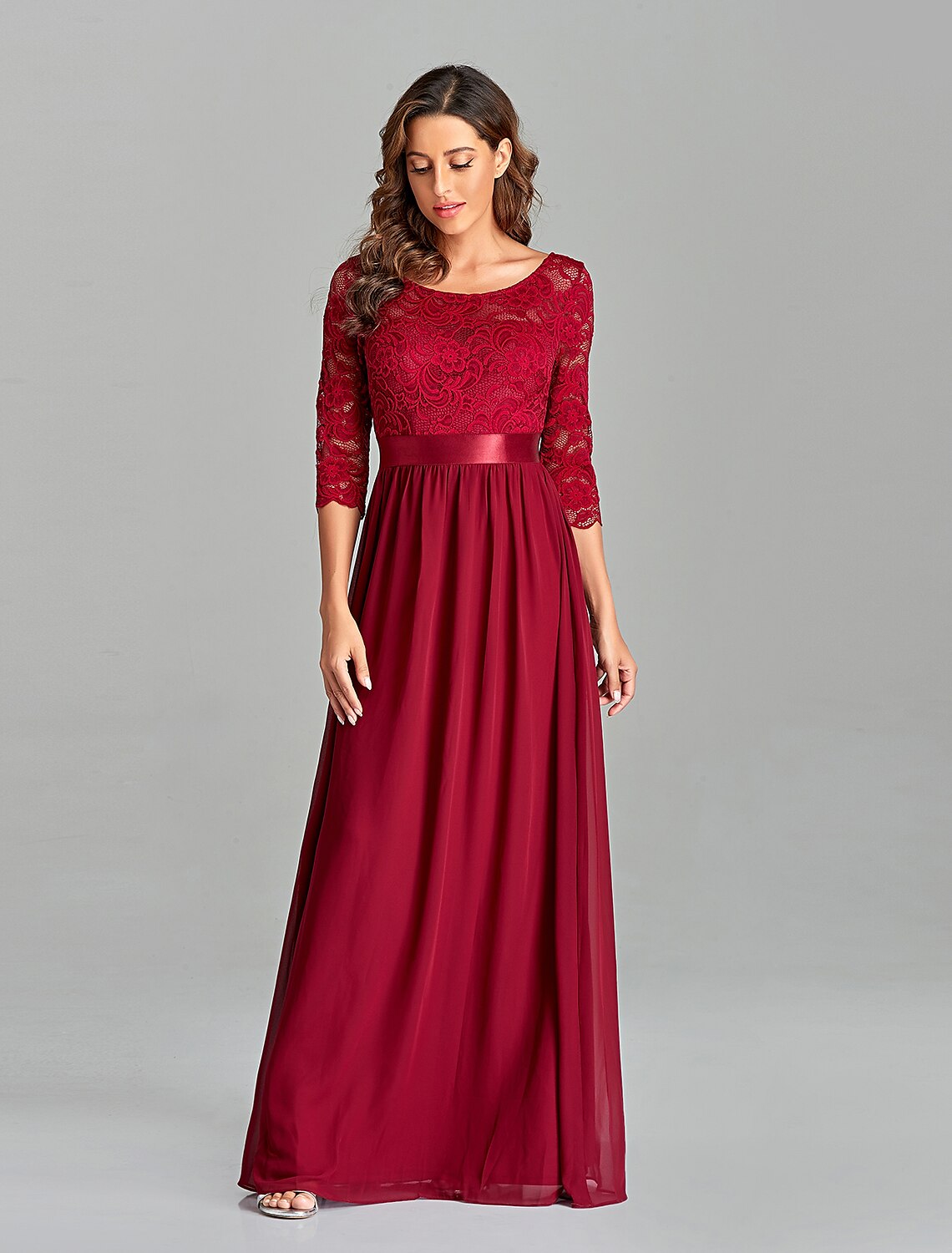 Wholesa A-Line Evening Gown Beautiful Back Dress Prom Formal Evening Floor Length Half Sleeve Jewel Neck Chiffon V Back with Lace Insert