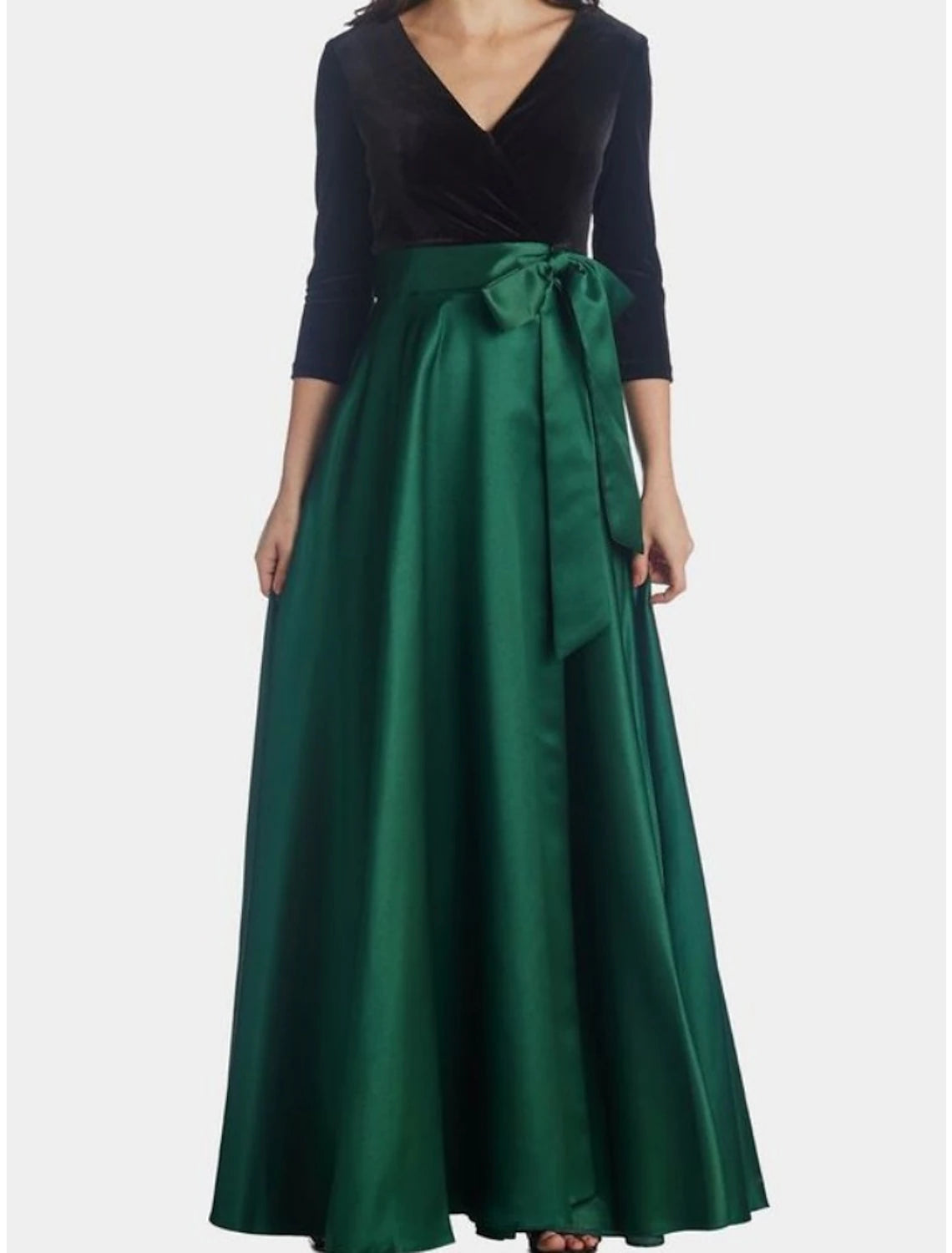 Wholesa A-Line Mother of the Bride Dress Wedding Guest Elegant V Neck Floor Length Satin Velvet 3/4 Length Sleeve with Bow(s) Ruching