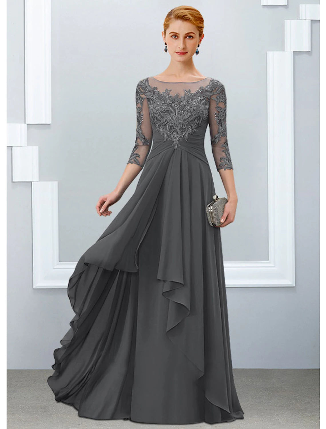 wholesale  A-Line Mother of the Bride Dress Elegant Jewel Neck Floor Length Chiffon Lace Half Sleeve with Ruffles Appliques