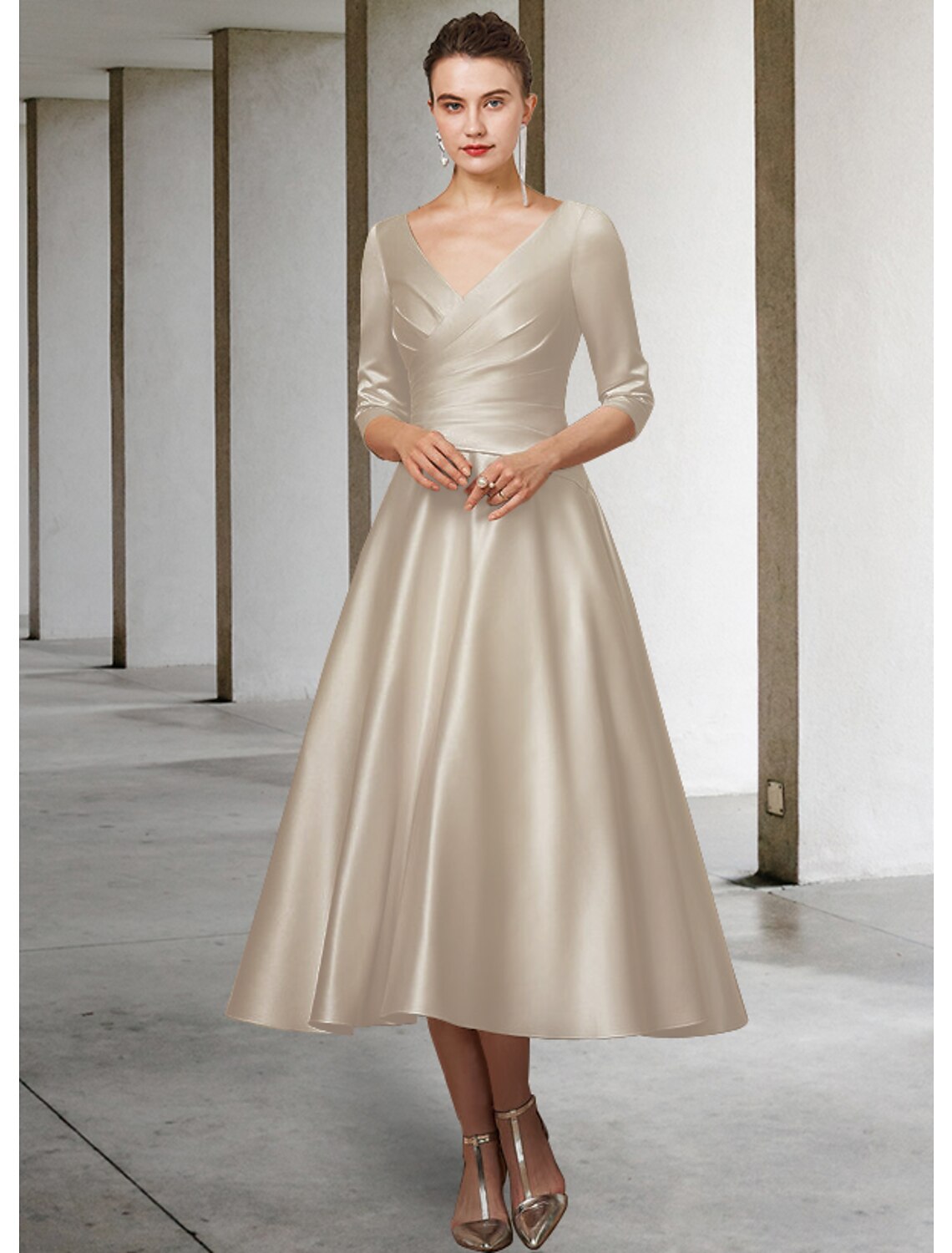 wholesale  A-Line Mother of the Bride Dress Elegant V Neck Tea Length Satin Half Sleeve with Pleats Ruching