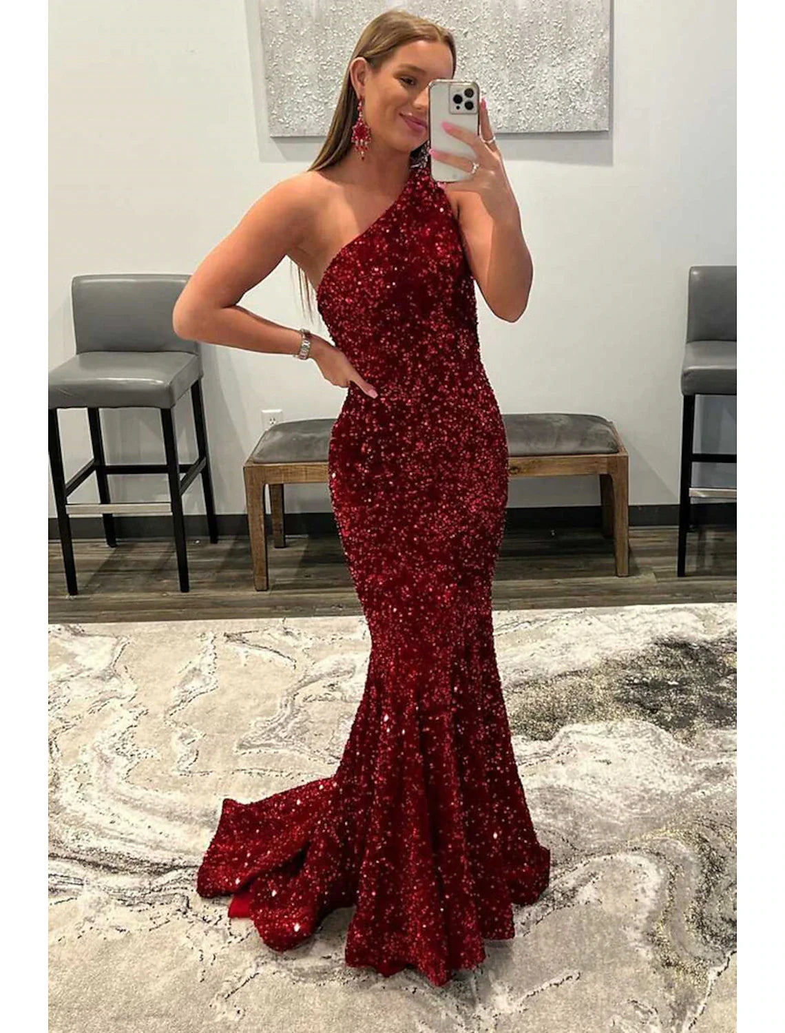 Wholesa Mermaid / Trumpet Prom Dresses Sexy Dress Formal Floor Length Sleeveless One Shoulder Sequined Backless with Sequin