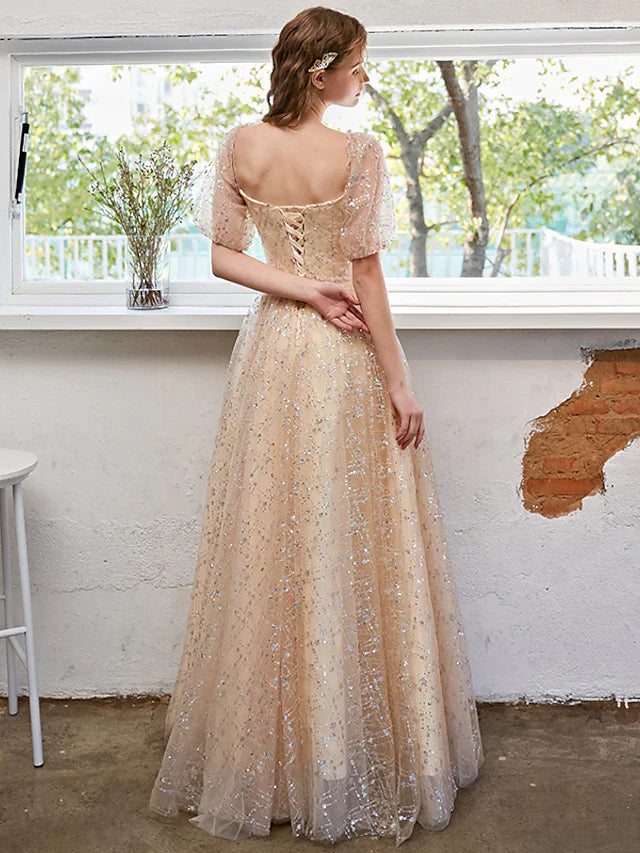 Wholesa A-Line Glittering Elegant Prom Formal Evening Dress Scoop Neck Short Sleeve Floor Length Tulle with Pleats Sequin 2022 / Puff Balloon Sleeve