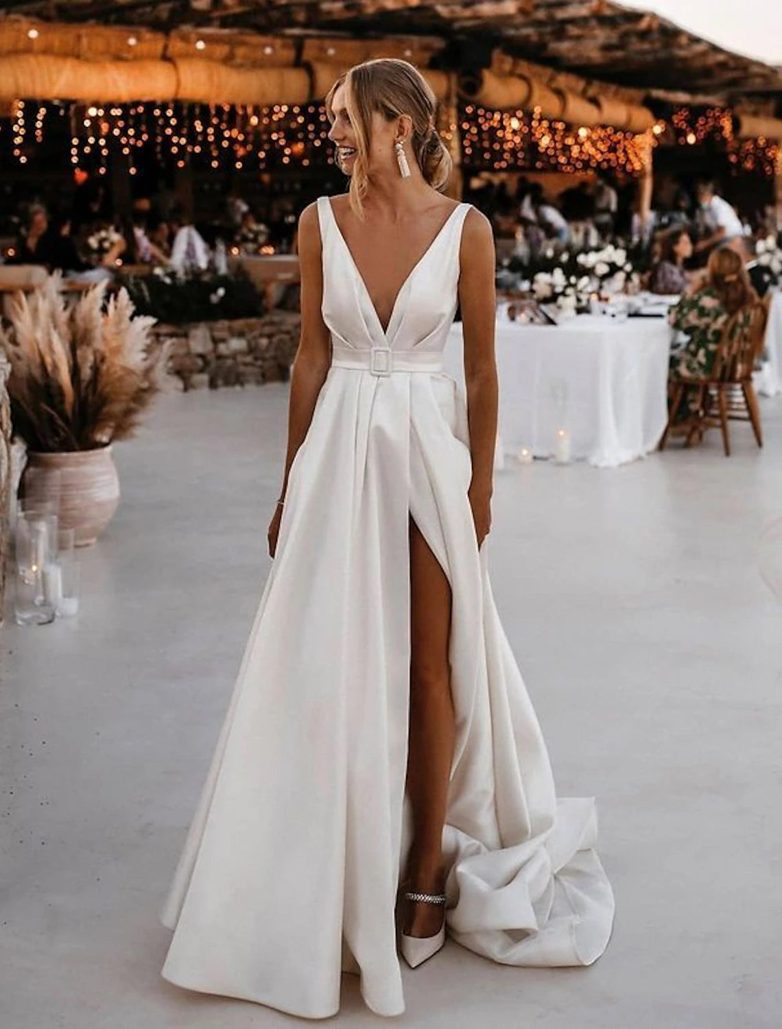wholesale   Beach Casual Wedding Dresses A-Line V Neck Sleeveless Court Train Satin Bridal Gowns With Sashes / Ribbons Sash / Ribbon