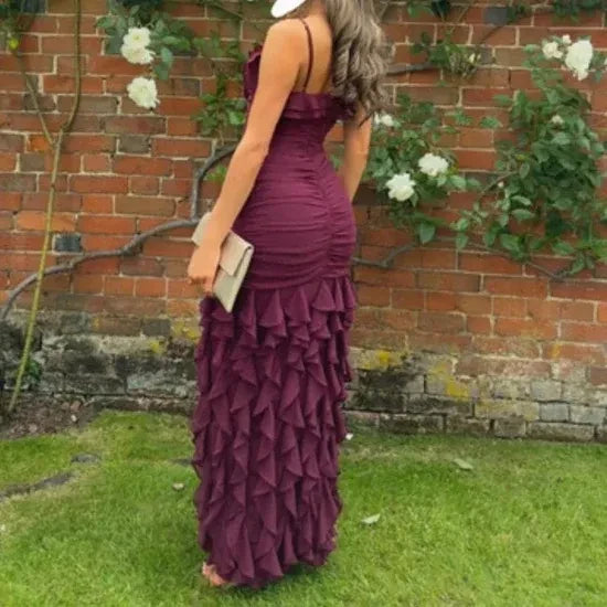 Alluring Fitted Sweetheart Spaghetti Strap Ruffled High-Slit Maxi Prom Dress