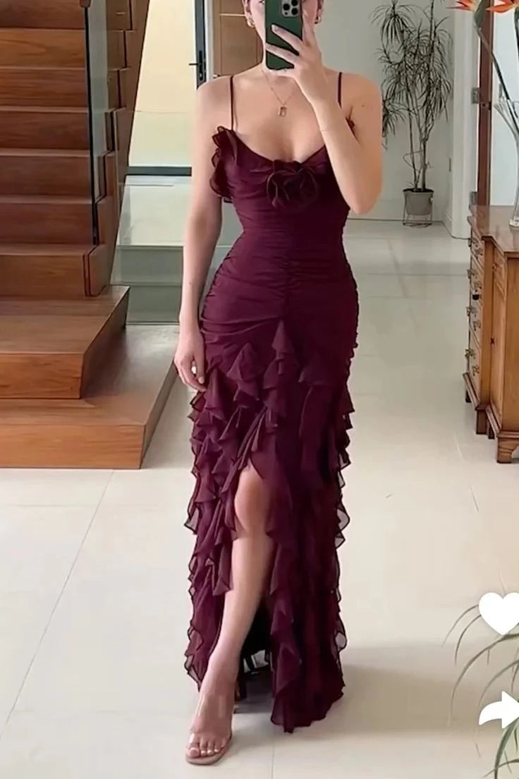 Alluring Fitted Sweetheart Spaghetti Strap Ruffled High-Slit Maxi Prom Dress
